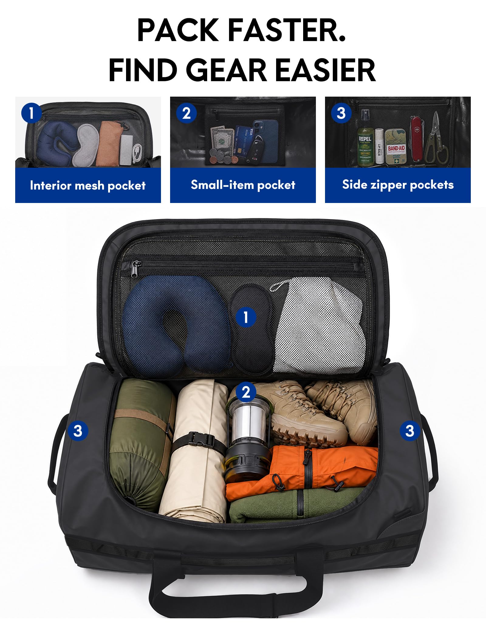 Haimont Mochila deportiva grande con correas para senderismo, viajes, fin de semana y entrenamiento, Negro -, 60L US, Bolsa de lona