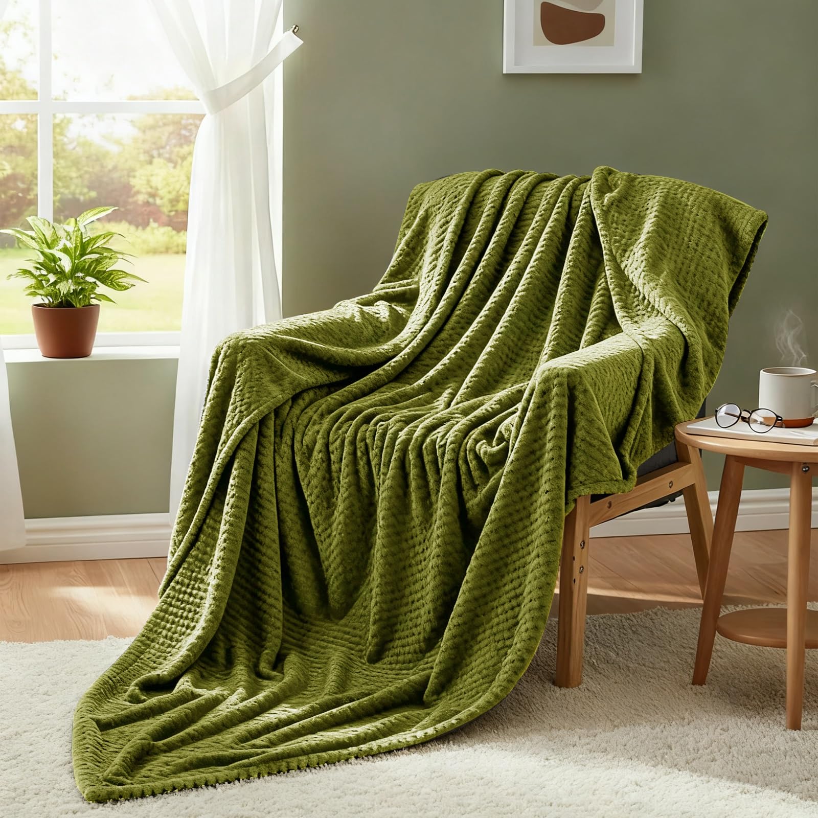 Plaid couverture polaire vert armée idéal pour le cocooning au salon