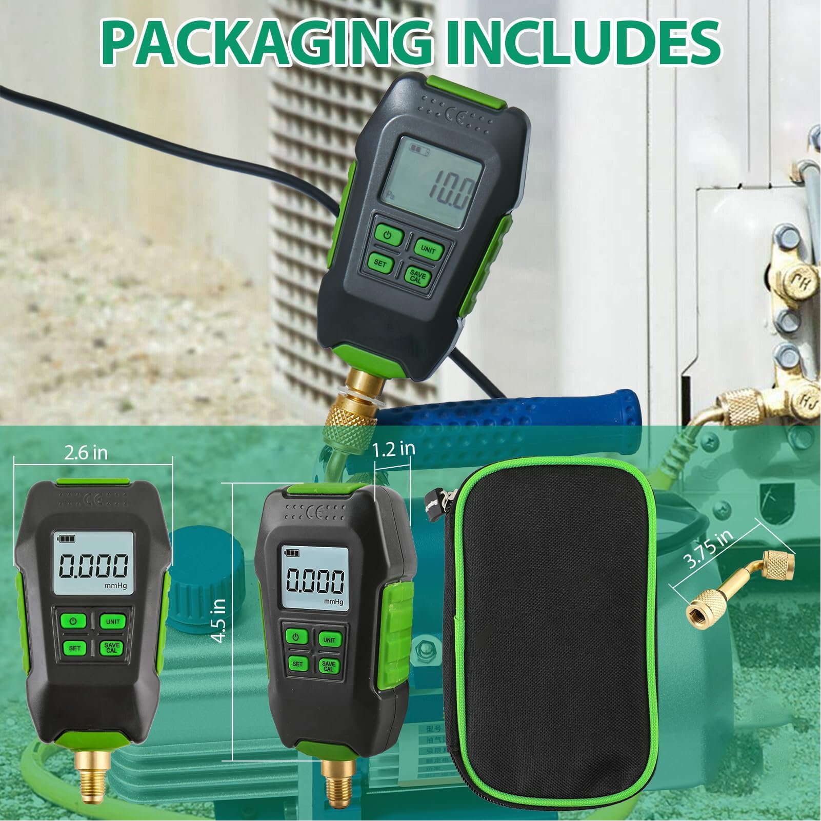 Medidor de Vacío Digital, Medidor de Micrones HVAC 0‑10000Pa, Interfaz 20UNF de 7/16 Pulgadas, Pantalla Retroiluminada, Juego de Medidor de Micrones de Vacío Digital con Alarma
