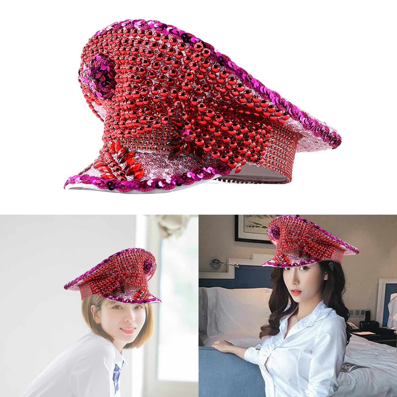 Cappello tempestato di perle di strass per donne cappelli per feste di compleanno cappello blingbling per spettacoli teatrali fotografia copricapo cappello piatto con perle rosse e diamanti