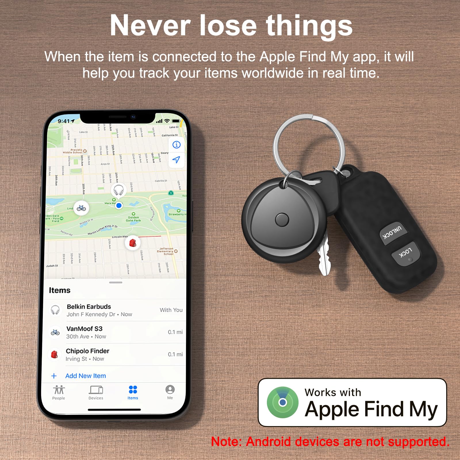 Raykit Tracker, Smart Bluetooth Tarcker funziona con iOS Find My App (Android non supportato), batteria sostituibile, trova chiavi e localizzatore di oggetti per bagagli, zaini (nero, 4)