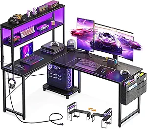 AODK L Shaped Desk Gaming Desk with LED Light & Power Outlet, 53 Inch Reversible L Shaped Computer Table with Shelf & Storage Bag & Hook for Home Office, Black The Forest Stewardship Council