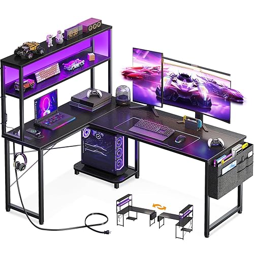 AODK L Shaped Desk Gaming Desk with LED Light & Power Outlet, 53 Inch Reversible L Shaped Computer Table with Shelf & Storage Bag & Hook for Home Office, Black - Black - 53 inch