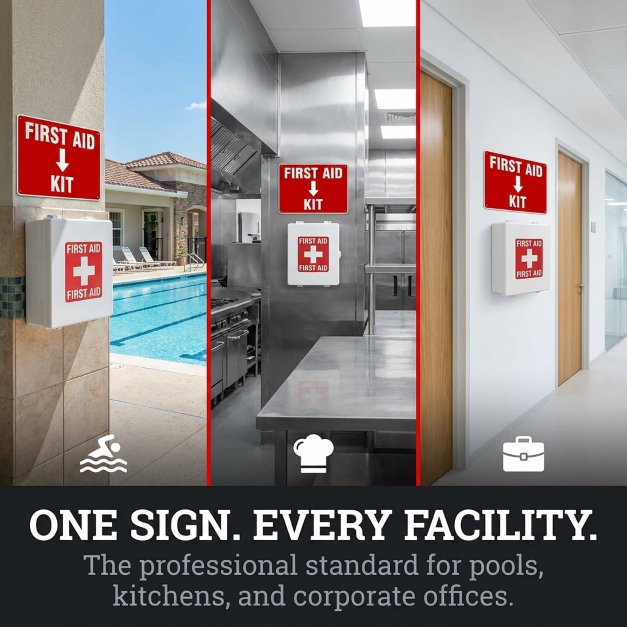 2 Pack First Aid Safety Sign For Emergency Kit, Clear Visible 7" x 10", Easy To Install, Durable Water Resistant for Indoor and Outdoor Use — Amazon image 6