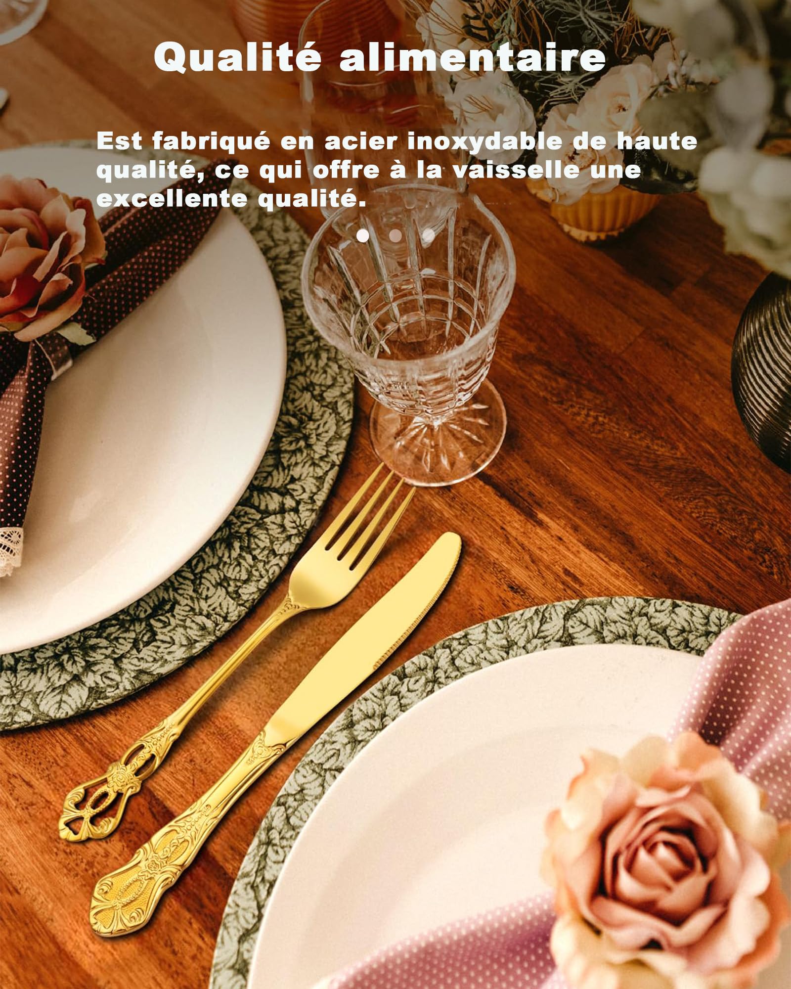 set couverts de table or 6 personnes Rétro royal, ensemble de couverts inox 24 pièces, se compose de couteaux/fourchettes/cuillères, finition Poli résistant, facile à nettoyer