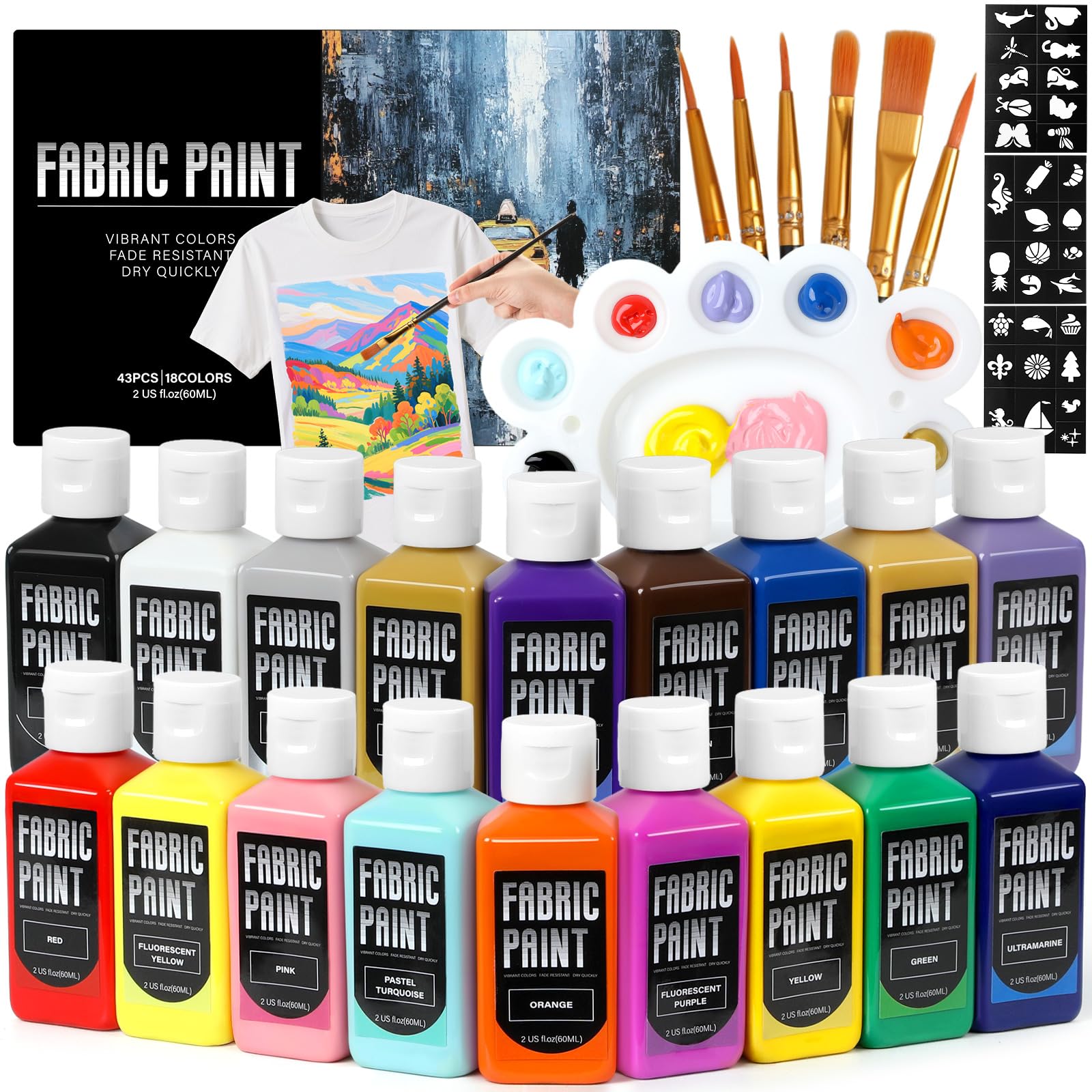 Fabric Paint Set - Permanent & Washer Safe, 18 Vibrant Colors, in Bottles (60ml/2oz), Non-Toxic Certified Fabric Paint with Brushes & Stencils, Textile Paint for Clothes, DIY Projects & Art