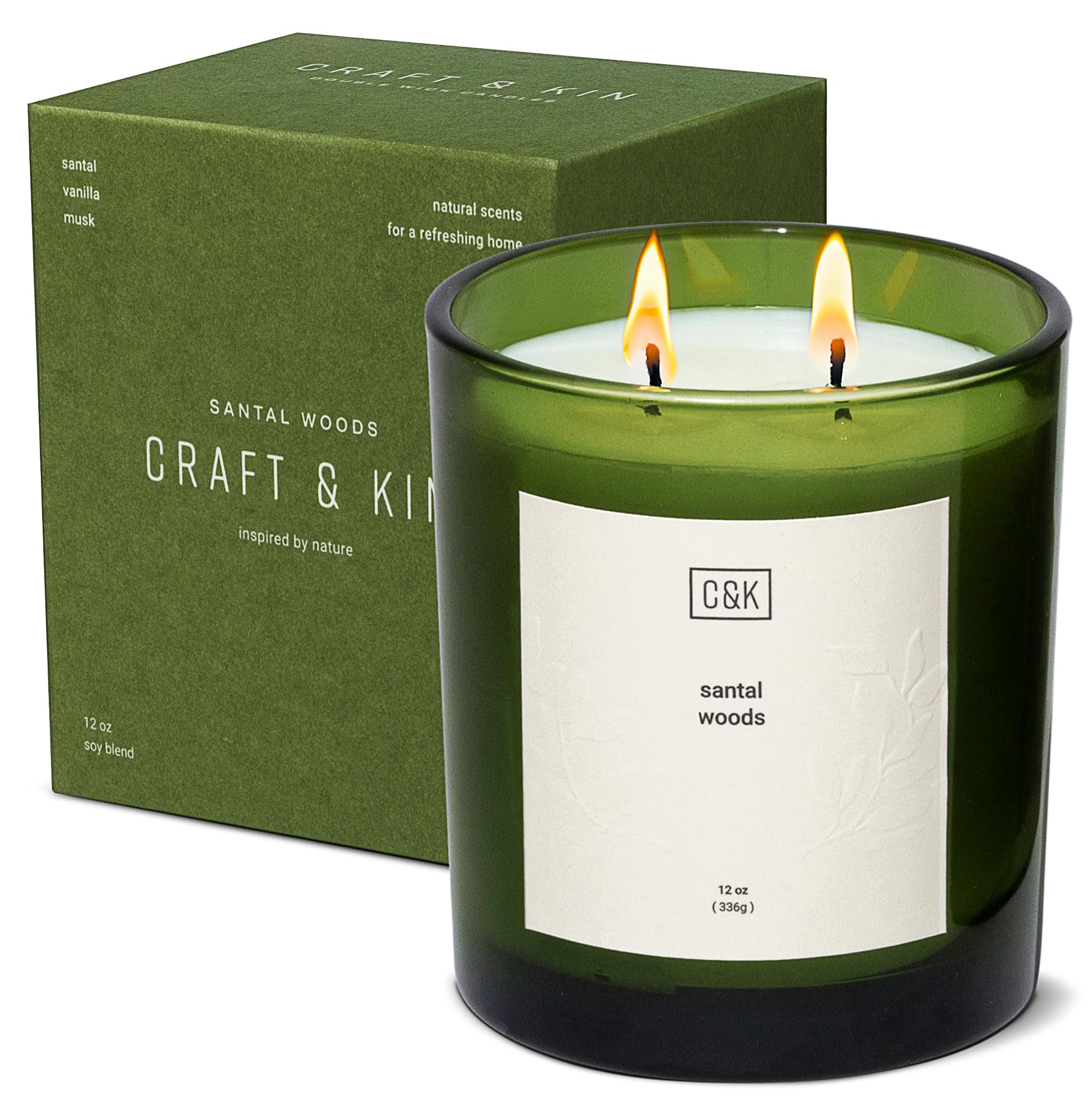 Craft and Kin Green Candles, Winter Candle | 12 oz, Santal Woods Scented Candles for Home, Ultra Clean Burn Natural Candle, Soy Candle, Novelty Candle, Santal Candle Gifts for Women
