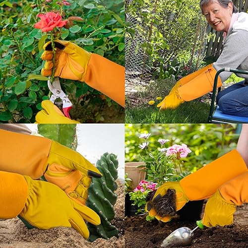 Miniatura 7 de Guantes largos de jardinería para mujeres y hombres  Guantes de jardín para poda de rosas a prueba de espinas, guantes de cuero de vaca, los mejores