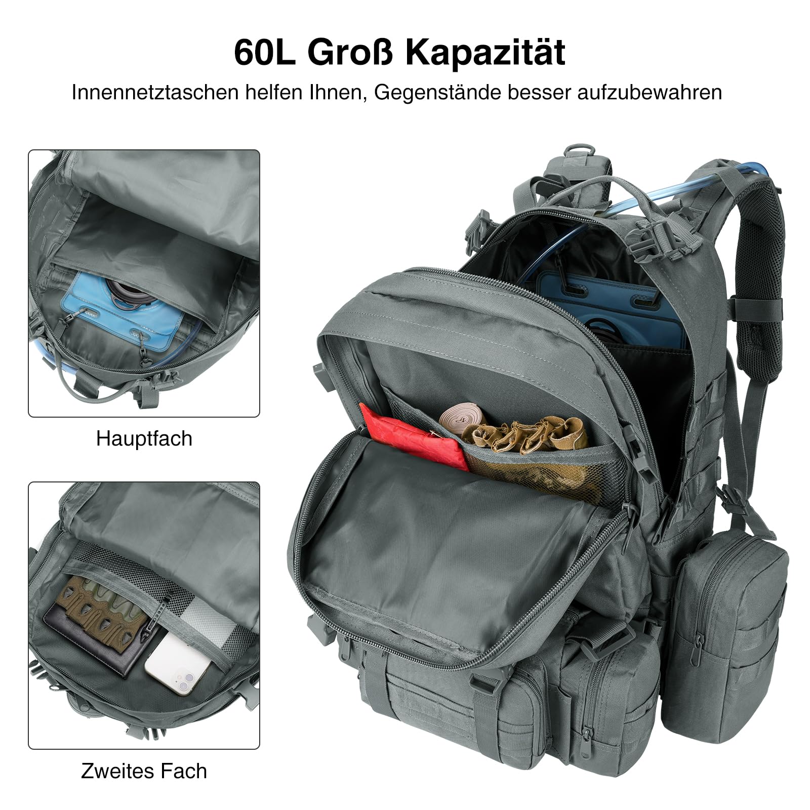 Plecak taktyczny, 60 l, wojskowy, duży plecak survivalowy Molle, dla mężczyzn i kobiet, zdejmowana torba outdoorowa, plecak podróżny do EDC, na kemping, wędrówki, polowanie, szary