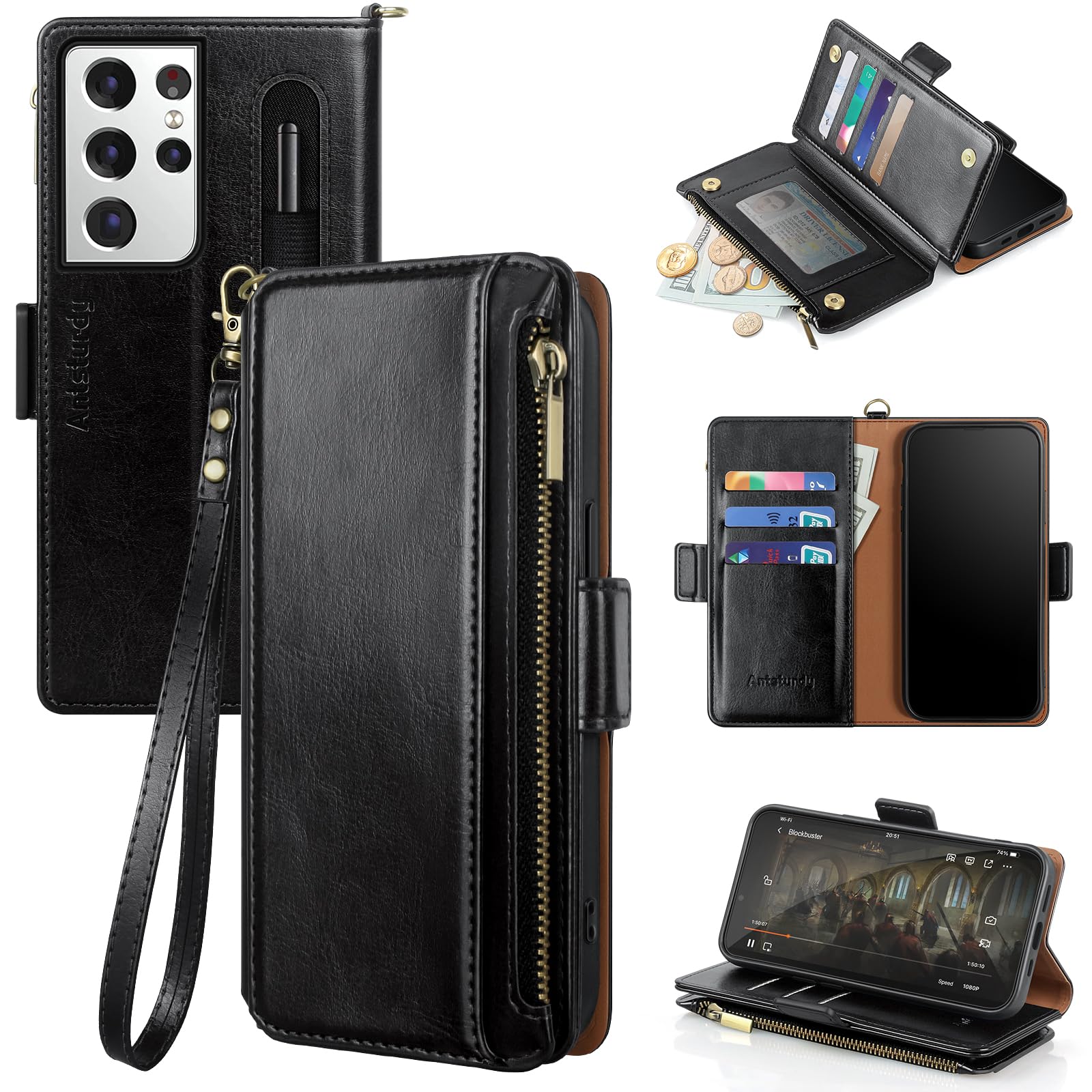 Antsturdy Compatible with Samsung Galaxy S21 Ultra 5G Case Wallet with Card Holder Women Men Phone Case RFID Blocking PU Leather Flip Protective Cover
