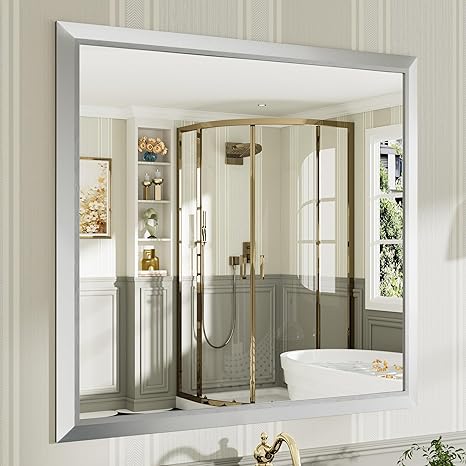 40x38 Inch Silver Bathroom Mirror for Wall, Thick Metal Framed Rectangle Mirrors for Over Sink, Bedroom, Living Room, Entryway, Anti-Rust, HD Tempered Glass