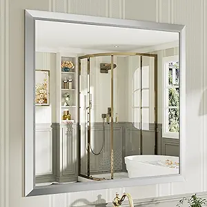 40x38 Inch Silver Bathroom Mirror for Wall, Thick Metal Framed Rectangle Mirrors for Over Sink, Bedroom, Living Room, Entryway, Anti-Rust, HD Tempered Glass