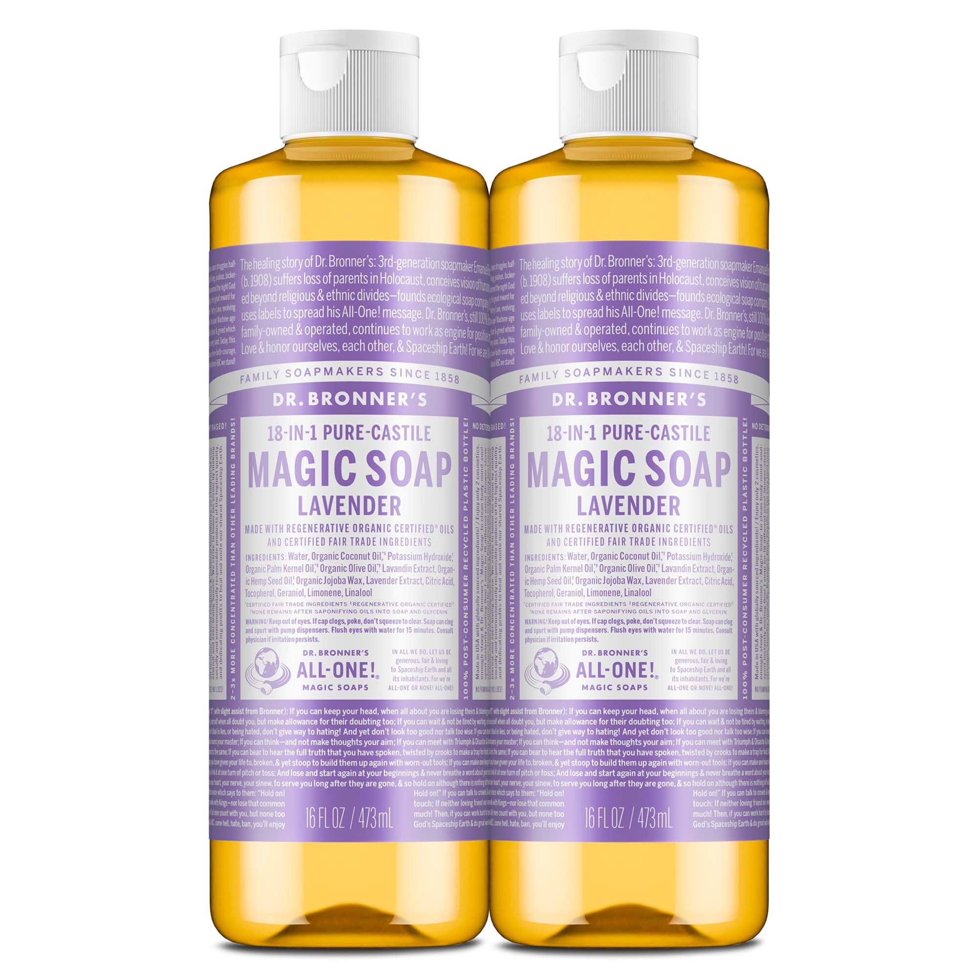 Dr. Bronner's Pure-Castile Magic Liquid Soap (Lavender, 16 Ounce, 2-Pack)- Made with Regenerative Organic Certified Oils, 18-in1 Uses: Face, Hair, Hand & Body Soap, Laundry, Pets- Concentrated, Vegan