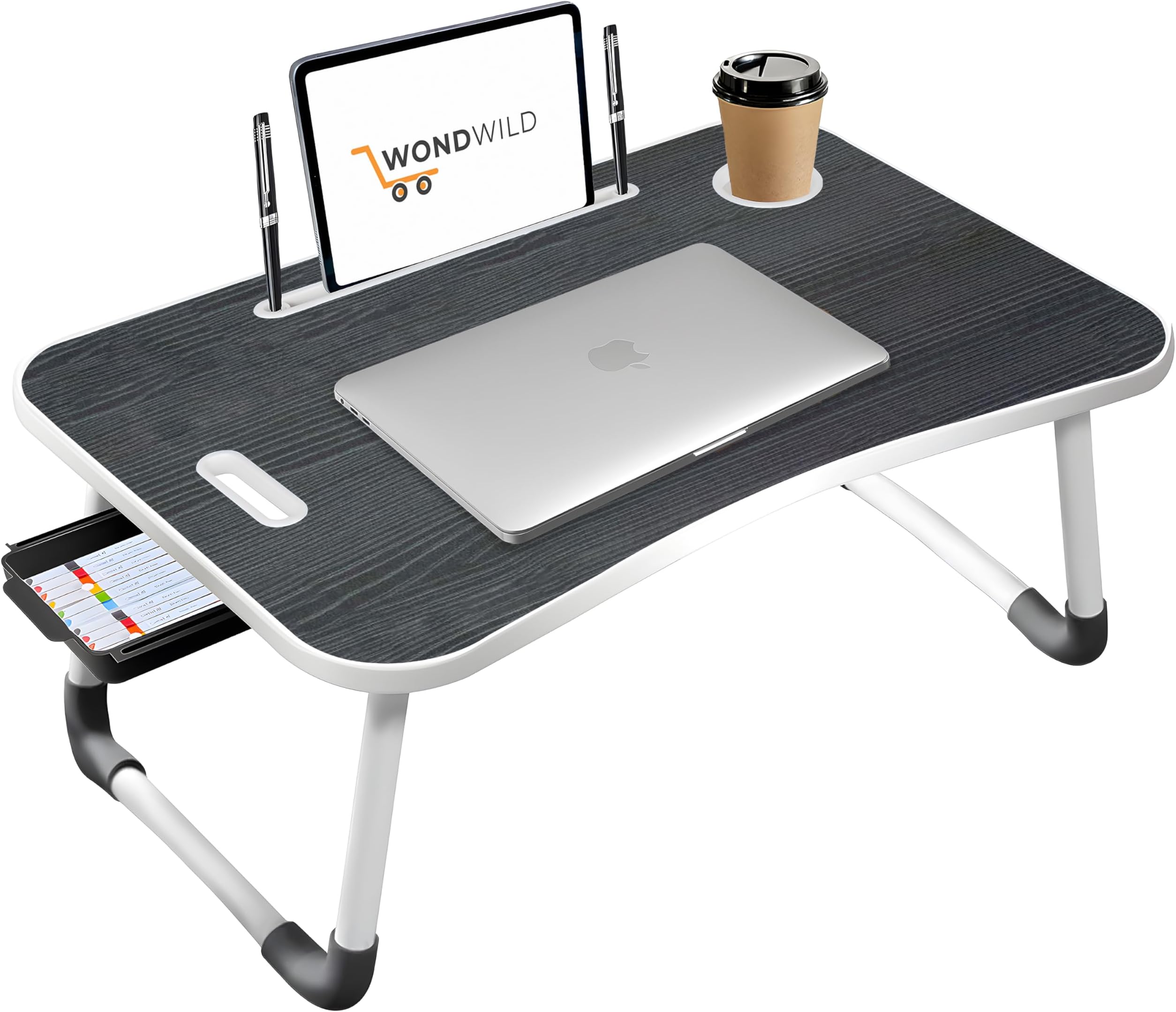 WONDWILD Premium Foldable Wooden Mini Laptop Table for Bed, Study Table with Drawer, Tablet/Mobile Holder for Kids & Adults >> (C Bidding BLACKK)