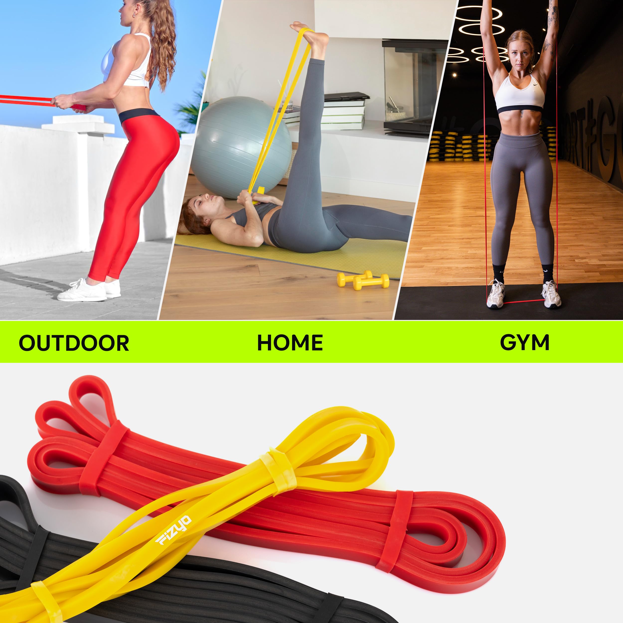 Fizyo Power Band – Zestaw 3 Taśm Oporowych, 3 Poziomy Oporu, Do Podciągania i Treningu Siłowego, Jogi, Pilatesu, Elastyczne