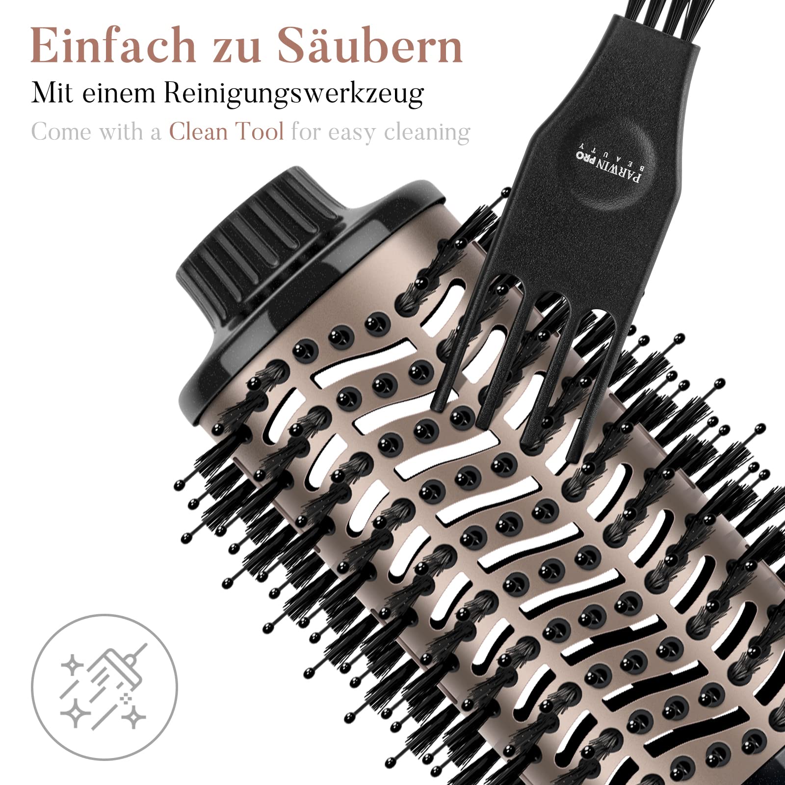 One-Step Warmluftbürste, PARWIN PRO BEAUTY Haartrockner und Volumenbürste, 4 in 1 Ovale Föhnbürste, Trocknen, Glätten und Volumen, Ionen Pflege, 1000 Watt, Schwarz