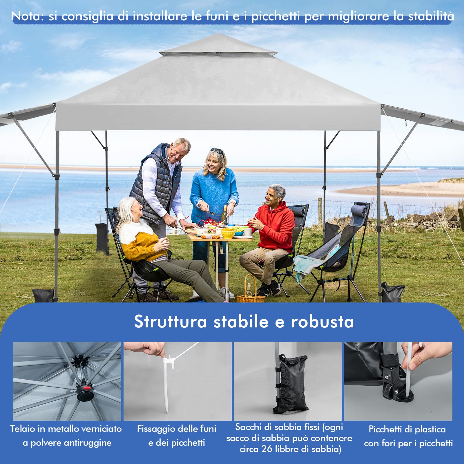 COSTWAY Gazebo Pieghevole da Giardino 3 x 3 m, Gazebo da Esterno con Design a Doppia Tenda, Design Pop Up e 4 Sacchetti di sabbia, Altezza Regolabile, Ideale per Feste, Giardino e Spiaggia (Bianco)