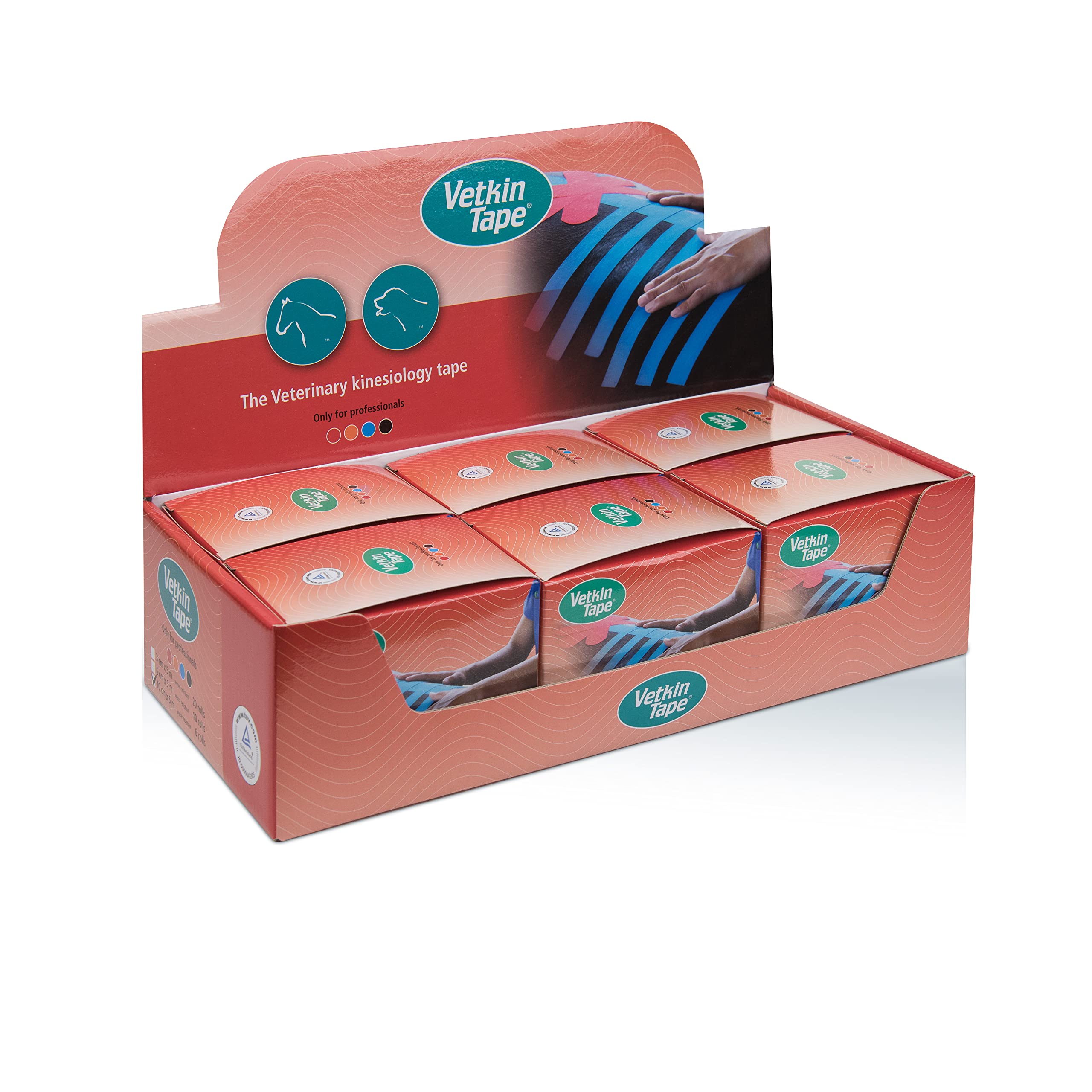 VetkinTape® Displaybox | 6 Kinesiotape Rollen für Tiere (10 cm x 5 m) | Kinesiologie Tape für Pferde und Hunde | Kinesiotapes für Tierärztliche Zwecke | Rot