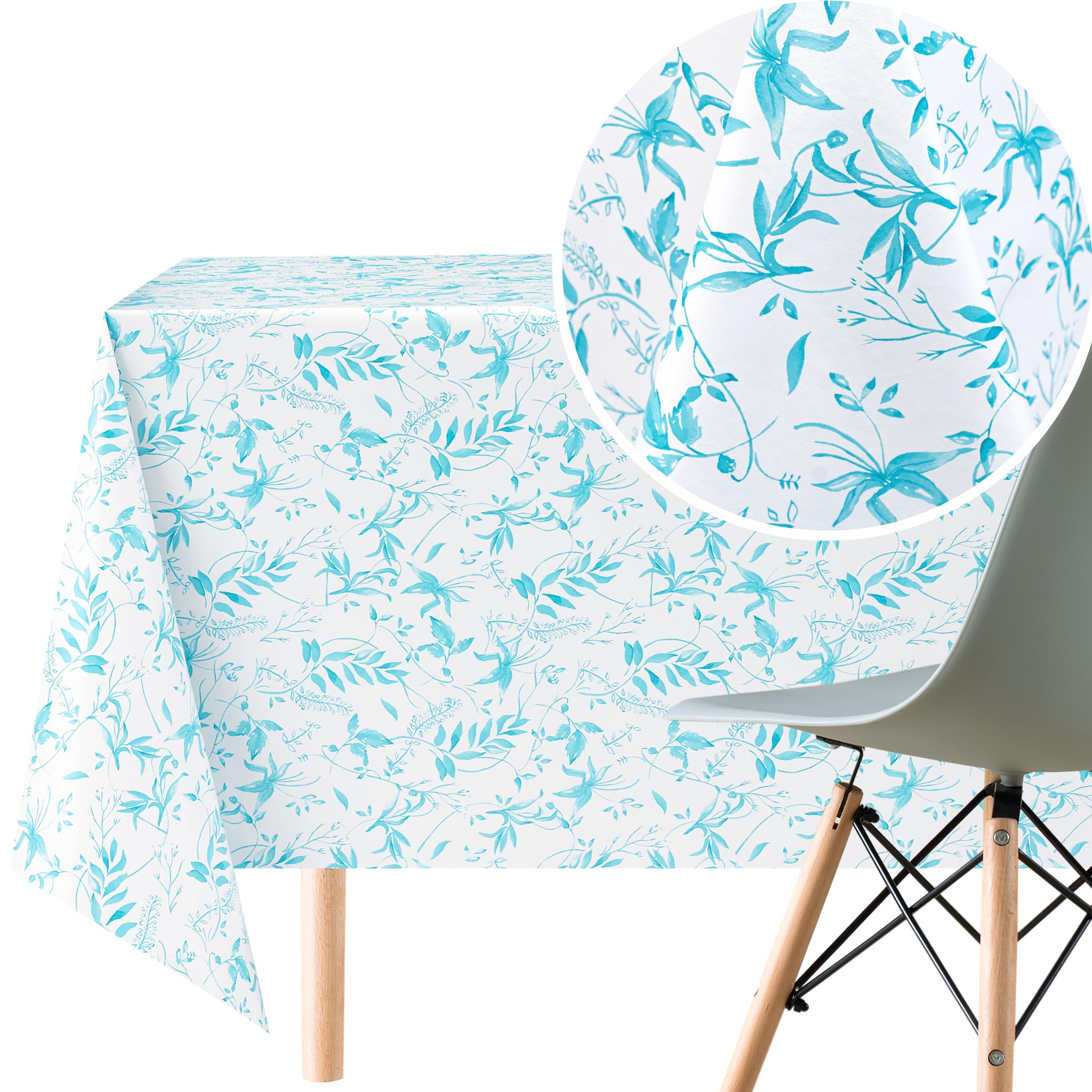 KP HOME White PVC Table Cloth Wipe Clean Tablecloth in Teal Blue Leaves - Rectangle 300x140 cm 118x55 In 10 Seats Wipeable Waterproof Oilcloth Tablecloth Vinyl Protector Dining Plastic Table Cover 3m
