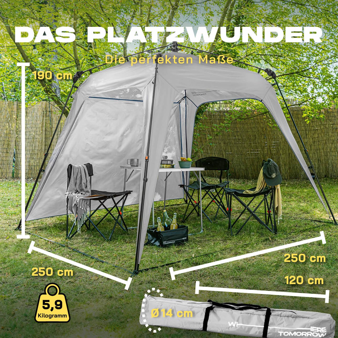 Lumaland Outdoor Pavillon 2,5 x 2,5m | Wasserdicht & UV-Schutz | Gartenzelt inkl. 1x Seitenteil & Tasche & Heringe | Robuster Camping & Partyzelt | Pop Up Zelt Aufbau in 2 Minuten [Hell-Grau]