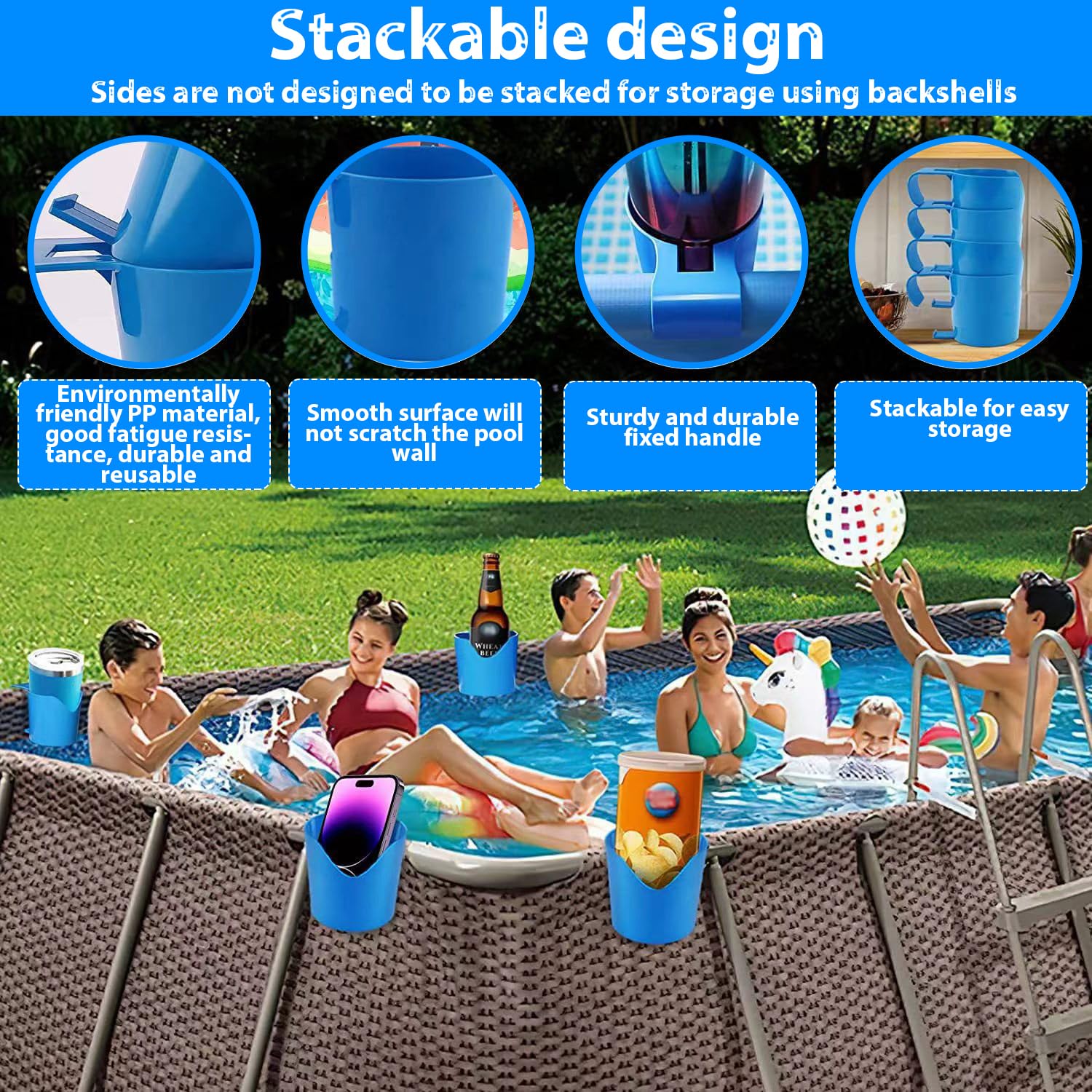 4 Pezzi Portabevande per Piscina, Portabevande Multifunzione da Piscina, Portabevande per Piscina, Portabicchieri a Bordo Piscina, Porta Bibite per Piscina per la maggior parte delle piscine (blu)