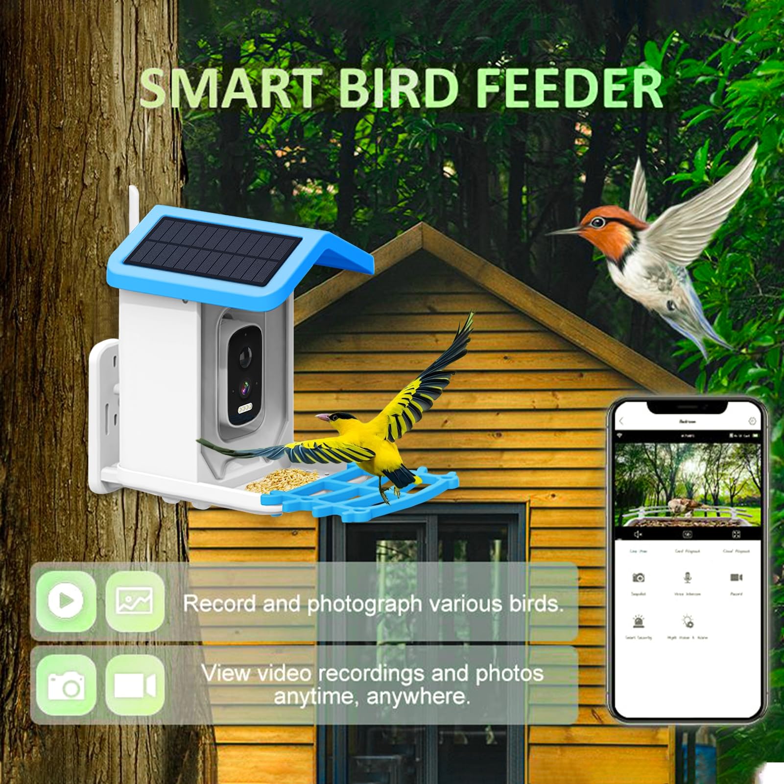 Comedero inteligente para pájaros con cámara, alimentador automático de colibríes con energía solar, comedero inalámbrico para pájaros al aire libre, regalo para amantes de las aves,