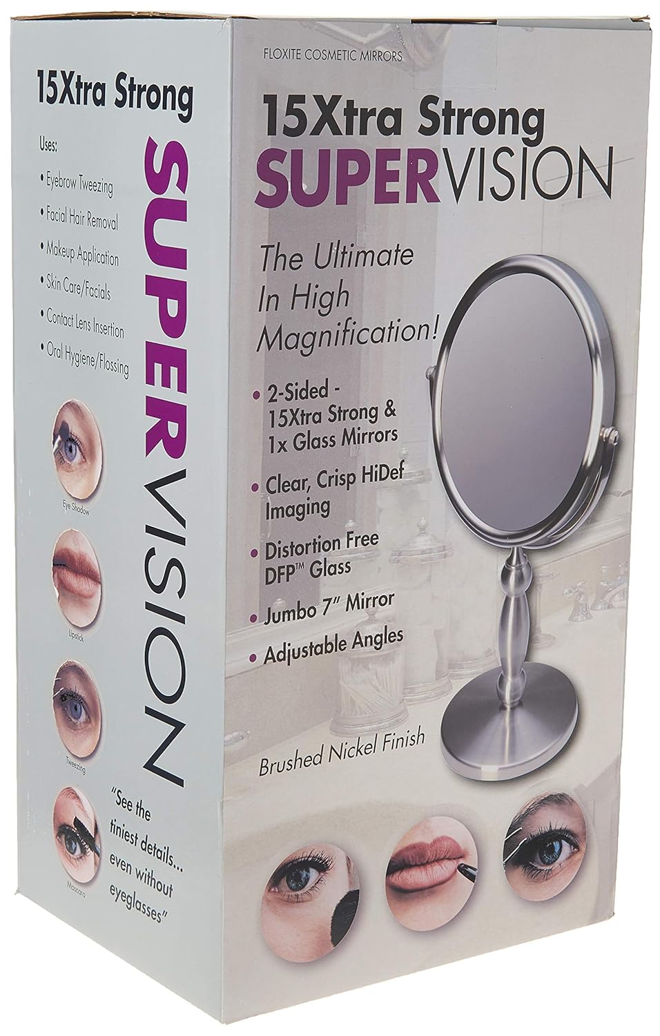 Packaging of the Floxite 15Xtra Strong SUPERVISION Vanity Mirror.