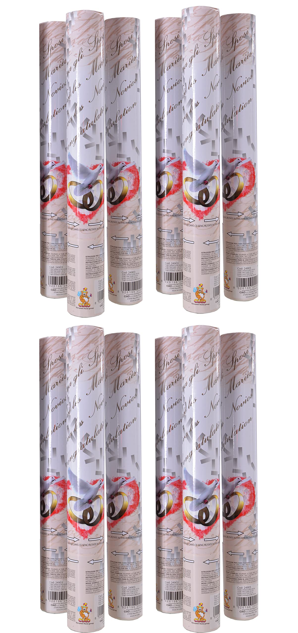 Ciao, Weiß 12er Set Party Popper Röhre Kanone Konfetti Hochzeit (40 cm), Stück, 24903.12
