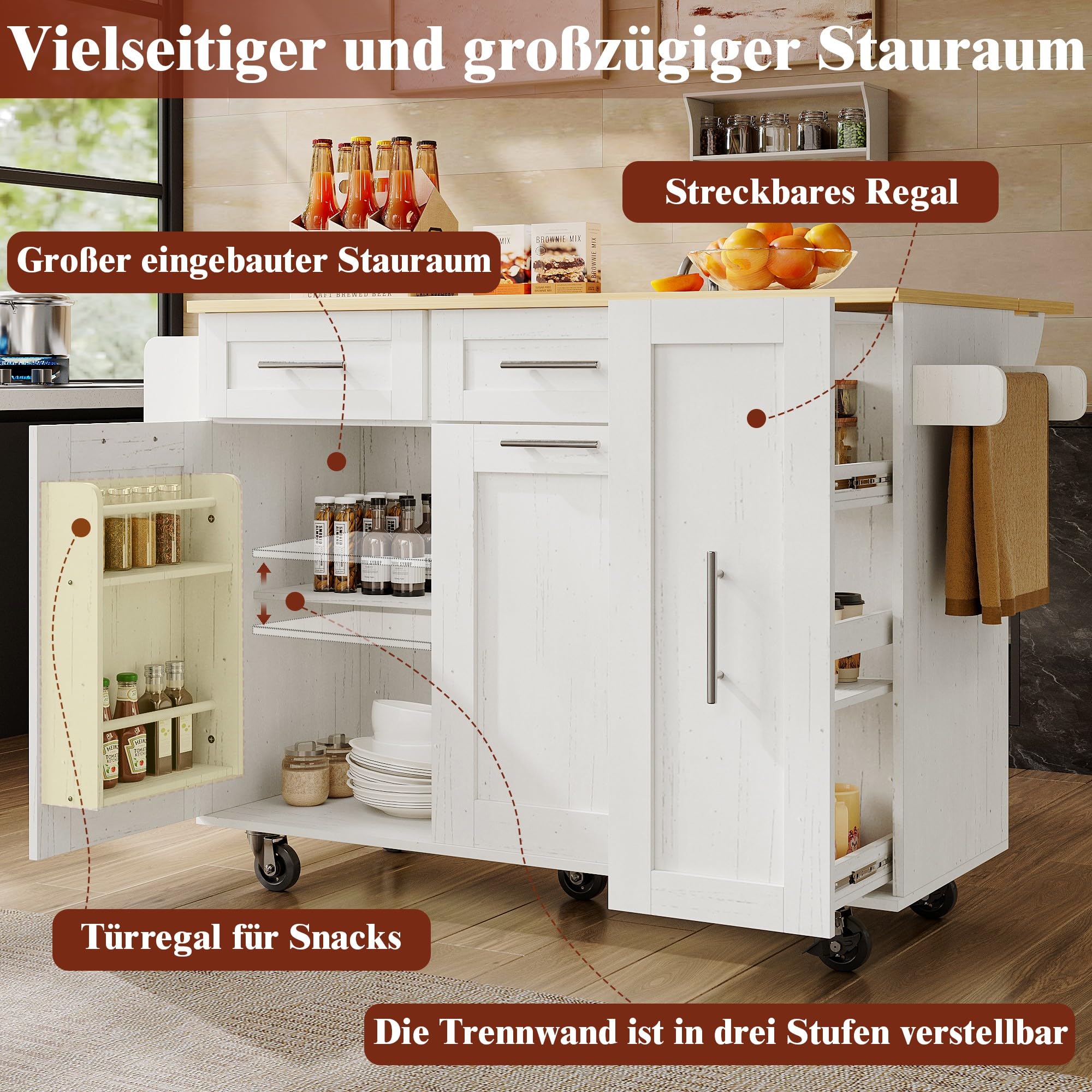 Kücheninsel, Küchenschrank, Buffetschrank, Speisewagen mit Holzmaserung, Multifunktionale Esstisch mit Speicherraum, mit Snackregalen und Stretchfunktionsschränken, Weiß