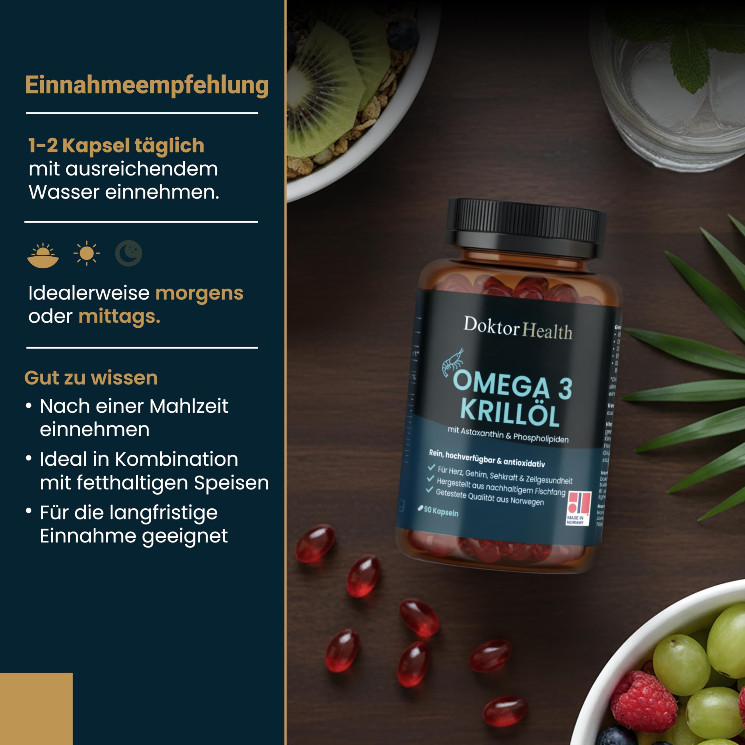 Antarktisches Krillöl 2000mg - Premium Omega-3 mit EPA, DHA & natürlichem Astaxanthin - 90 Kapseln im Braunglas - Marine Phospholipide - Kein Fischgeruch - Herz, Gehirn & Sehkraft