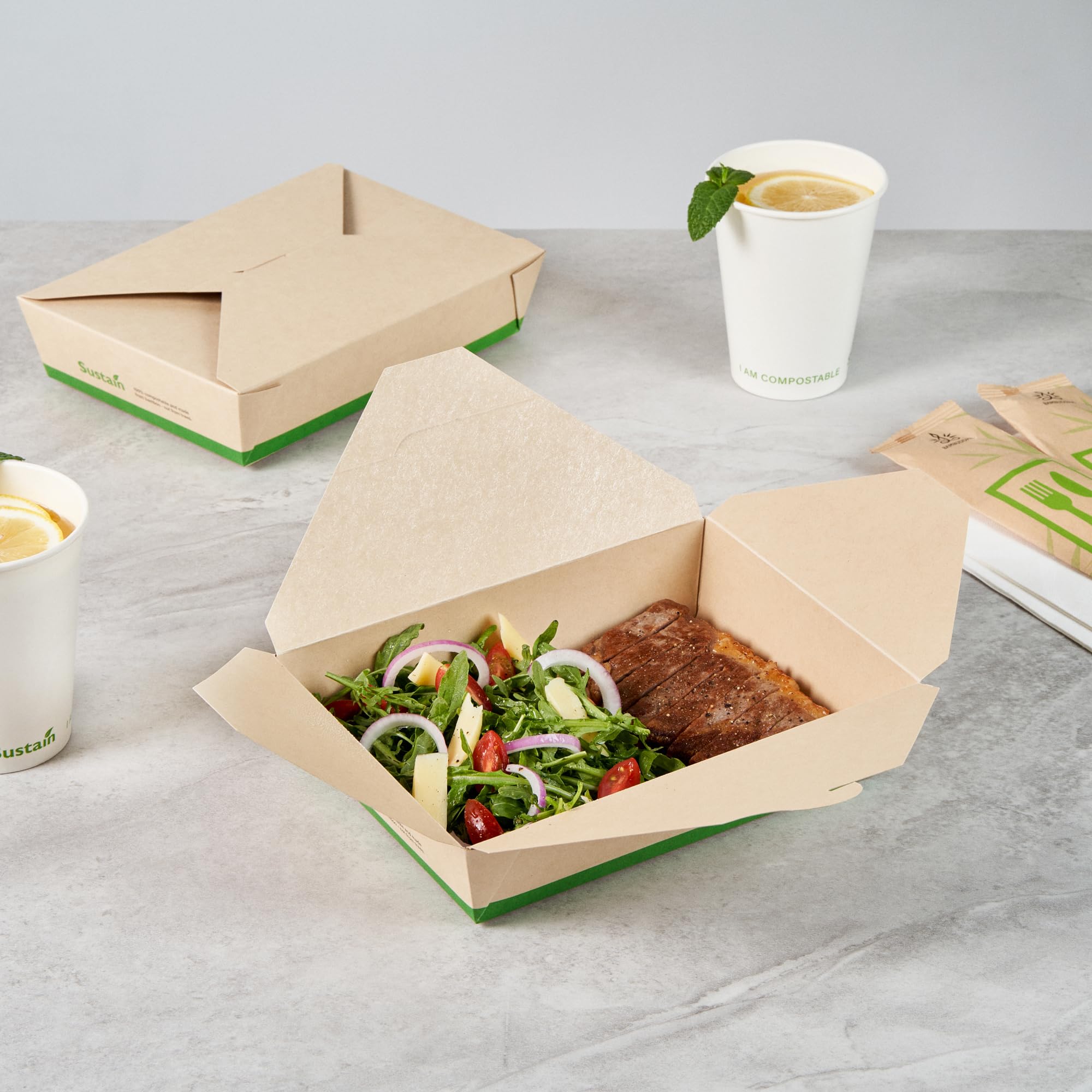 Restaurantware - Stabile Papierboxen zum Herausnehmen von Lebensmitteln, 1,4 l, 200 Einwegbehälter zum Herausnehmen – mit PLA-Futter, kompostierbar, Bambus-Papierbehälter, eingebauter Tab-Lock-Deckel,
