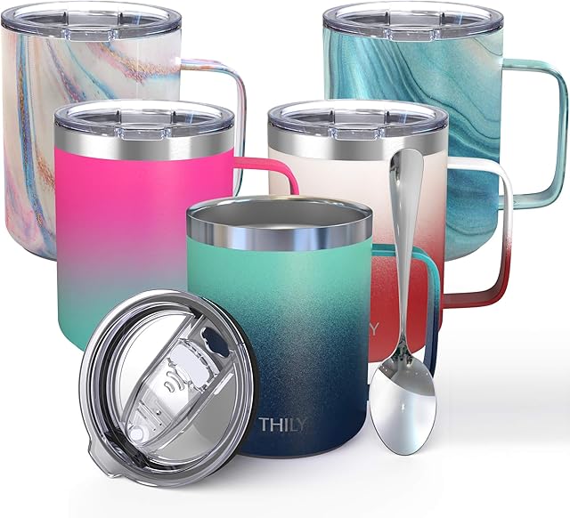 Stainless Steel Insulated Travel Mug - THILY 350 ml Vacuum Insulated Coffee Cup with Handle, Spill-Proof Lid, Keep Coffee Cold or Hot, Ombre: Green & Navy