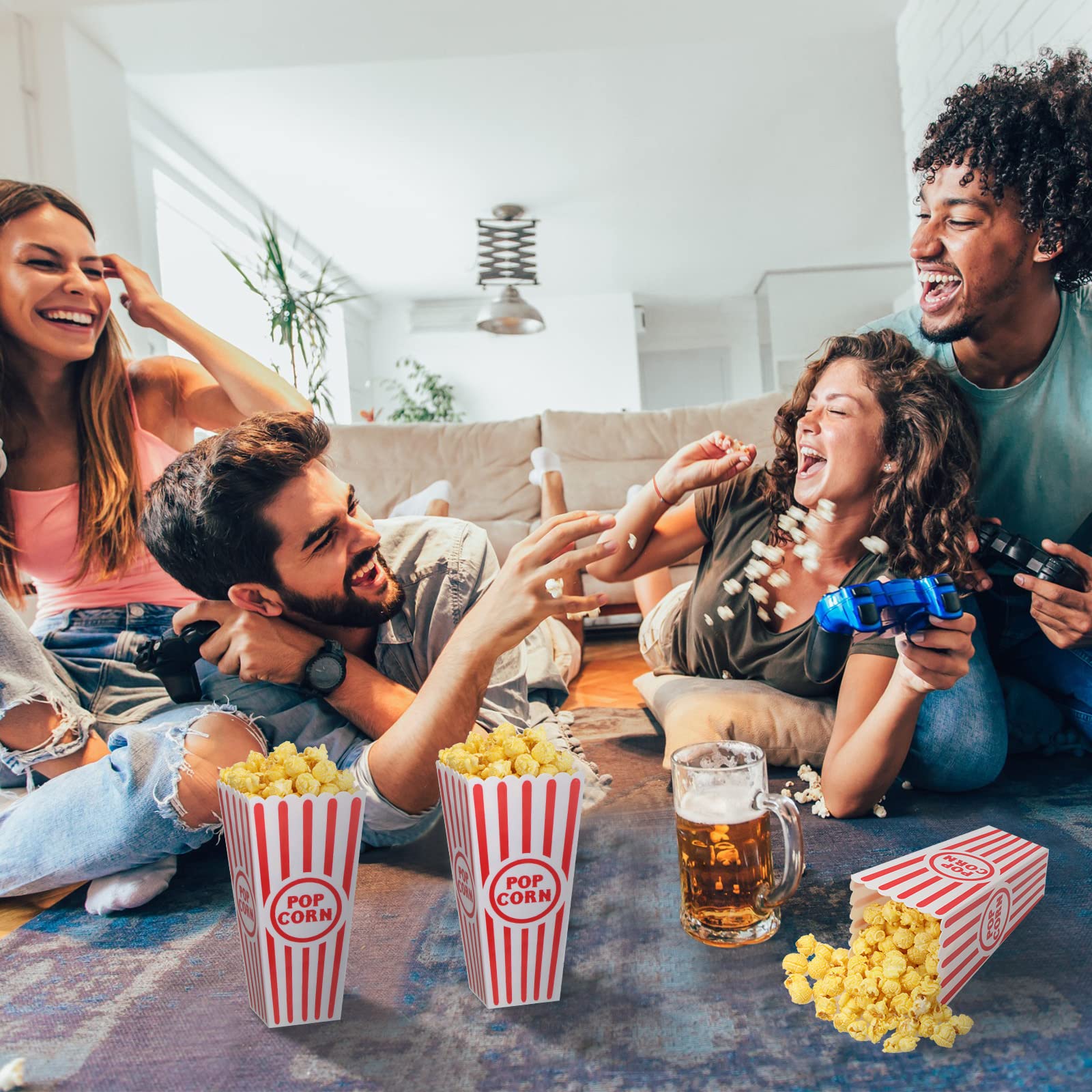 Cajas de plástico reutilizables para palomitas de maíz con parte superior abierta, cubos de palomitas de maíz a rayas rojas y blancas a granel para noche de películas, estilo retro clásico, 7.7 x 3.9