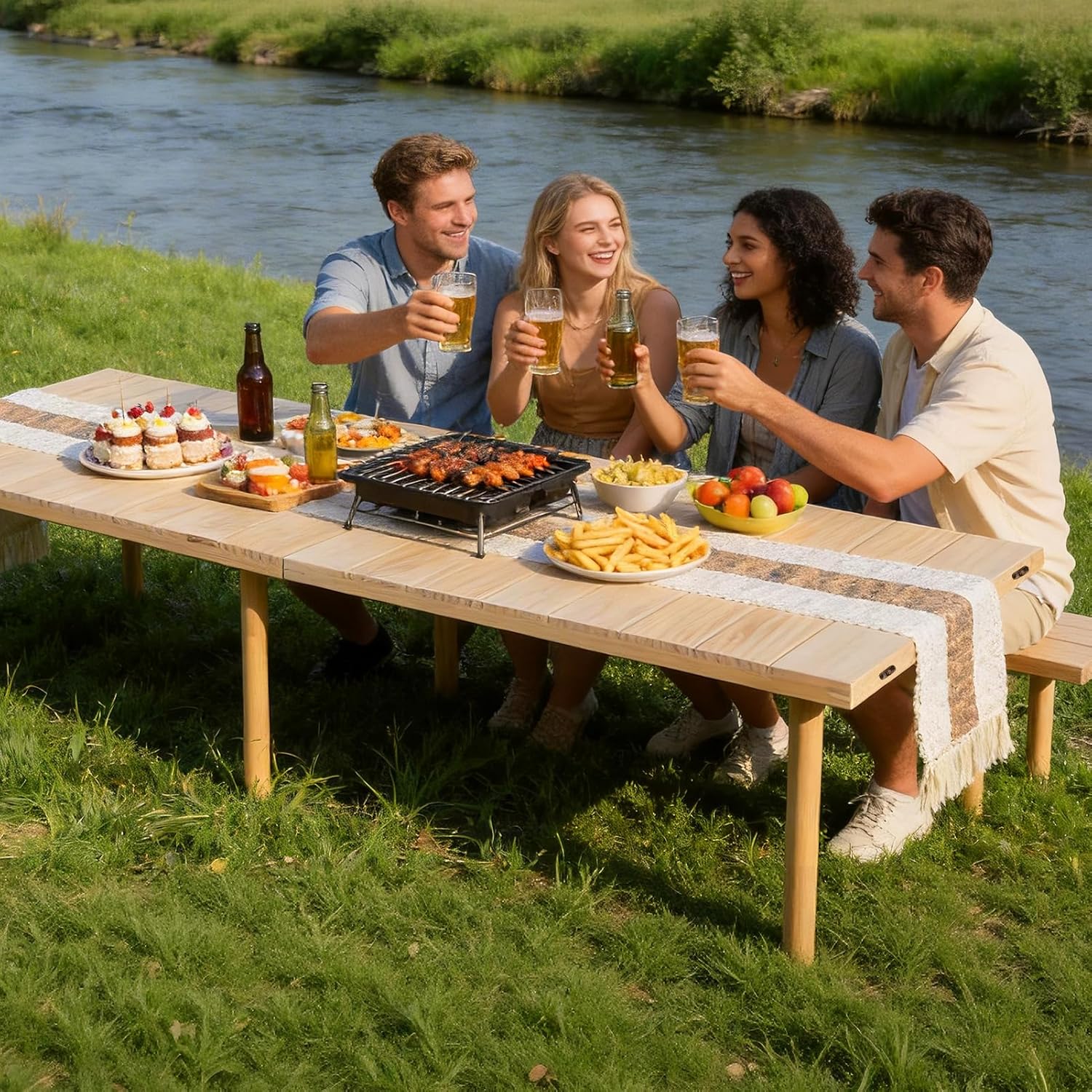 60" x 30" boho low wooden picnic table, folding picnic table with boho table runner, portable wooden table for camping, beach, garden, wedding,party (seats up to 6 people)