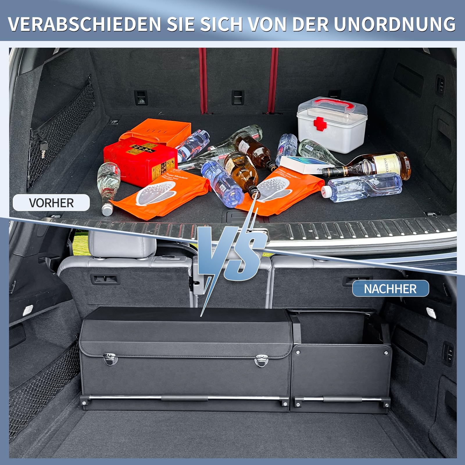 Auto Kofferraum Organizer mit Deckel – 2-in-1 Modulares XXL-Kofferraumtasche, Multifunktionaler Aufbewahrungsbox aus Leder, ABS-verstärkter Rahmen & Push-Pull-Griff (104x29x31cm, Schwarz)