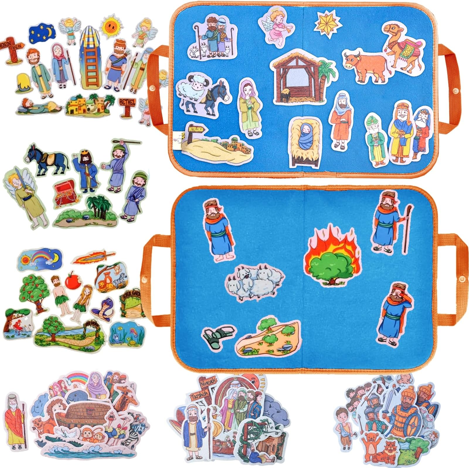CHEFAN 8 Sets Bible Felt Board Stories Set Include Noah's Ark, Adam and Eve, The Nativity of Jesus, Jacob's Ladder, Jonah and The Whale etc, Precut Flannel Graph Bible Toys for Kids