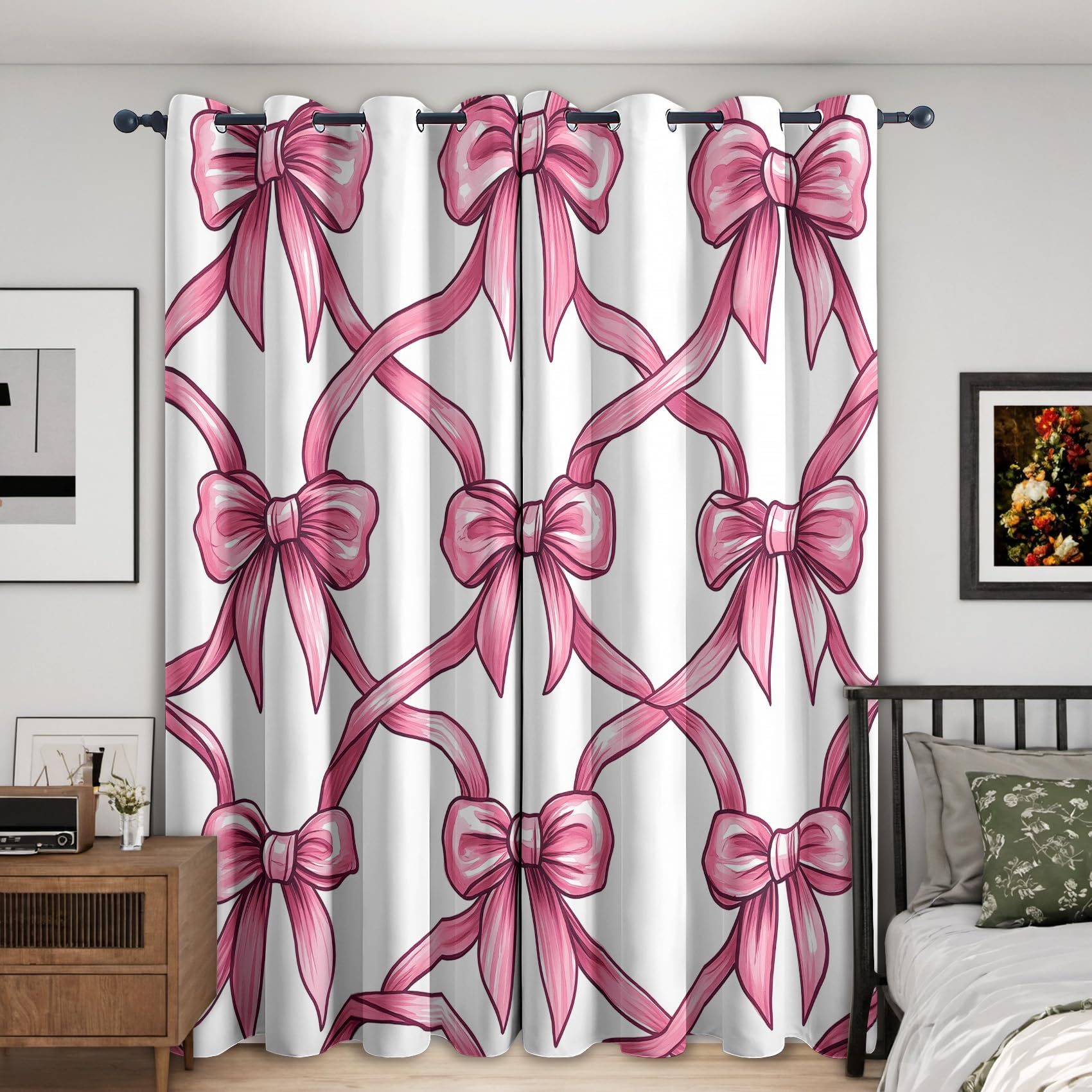 Pink Bow Blackout Curtains, 90 Drop, Girls Cute Bowknot Printed Curtains for Living Room, Bedroom, Eyelet Drapes for Window Home Decor, 46x90 Inch 2 Panels (J-876)