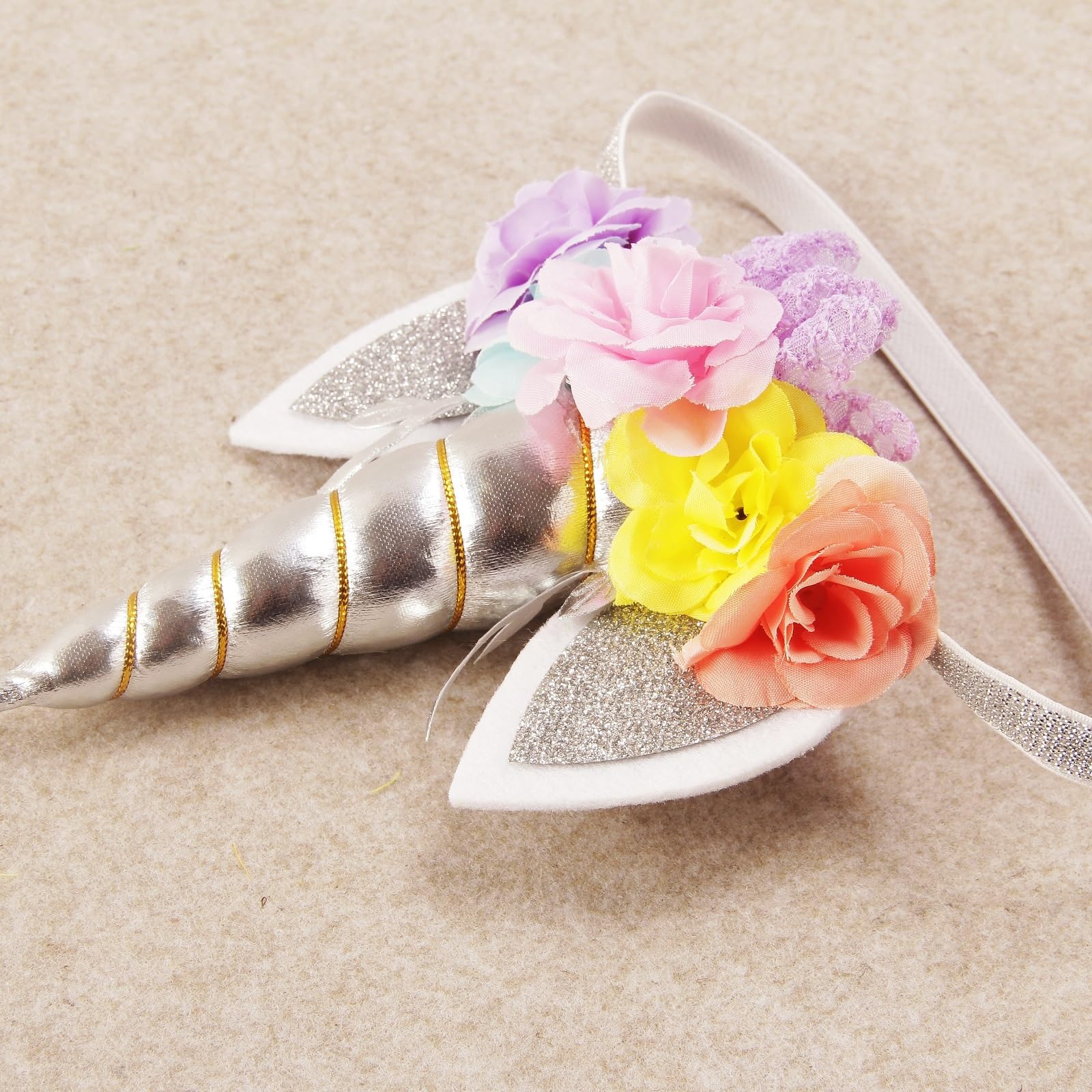 Nishine Roses Floral Unicorn Horn Headband Elastic Baby Girls Unicorn Hairband Party Supplies (Silver&Pink) - Image 2
