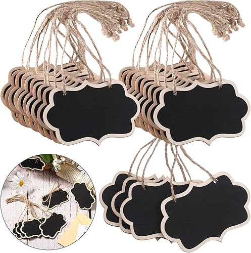 Outus Etiquetas de pizarra negras para colgar pizarras de madera de 3.35 x 2.36 pulgadas, mini etiquetas de pizarra de madera para colgar pizarra,