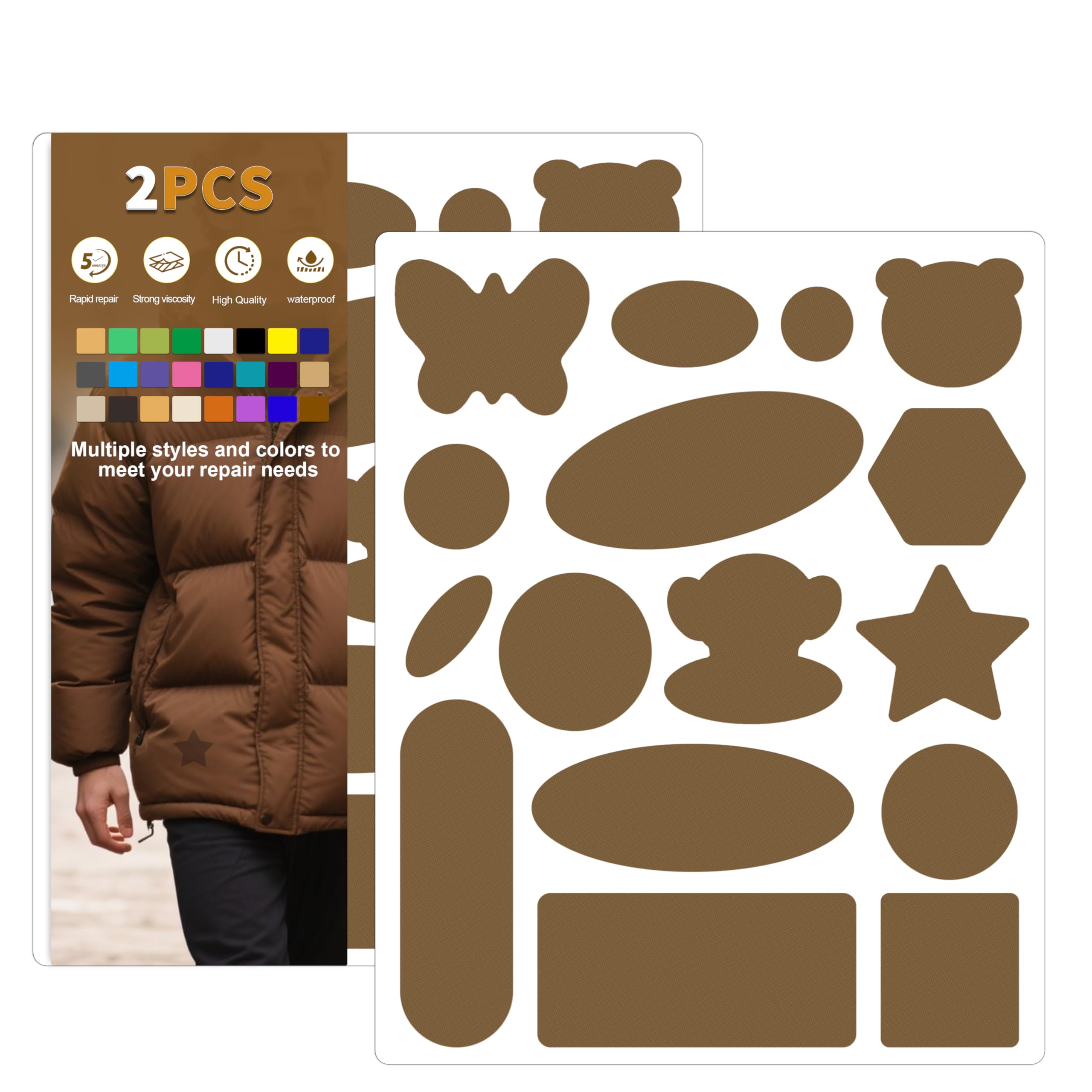 Azobur Down Jacket Repair Patches-Waterproof, Self-Adhesive,Nylon Fabric Patches for Puffy Jackets, Rain and Snow Gear, Tents, Sleeping Bag and More(Brown，2pcs)