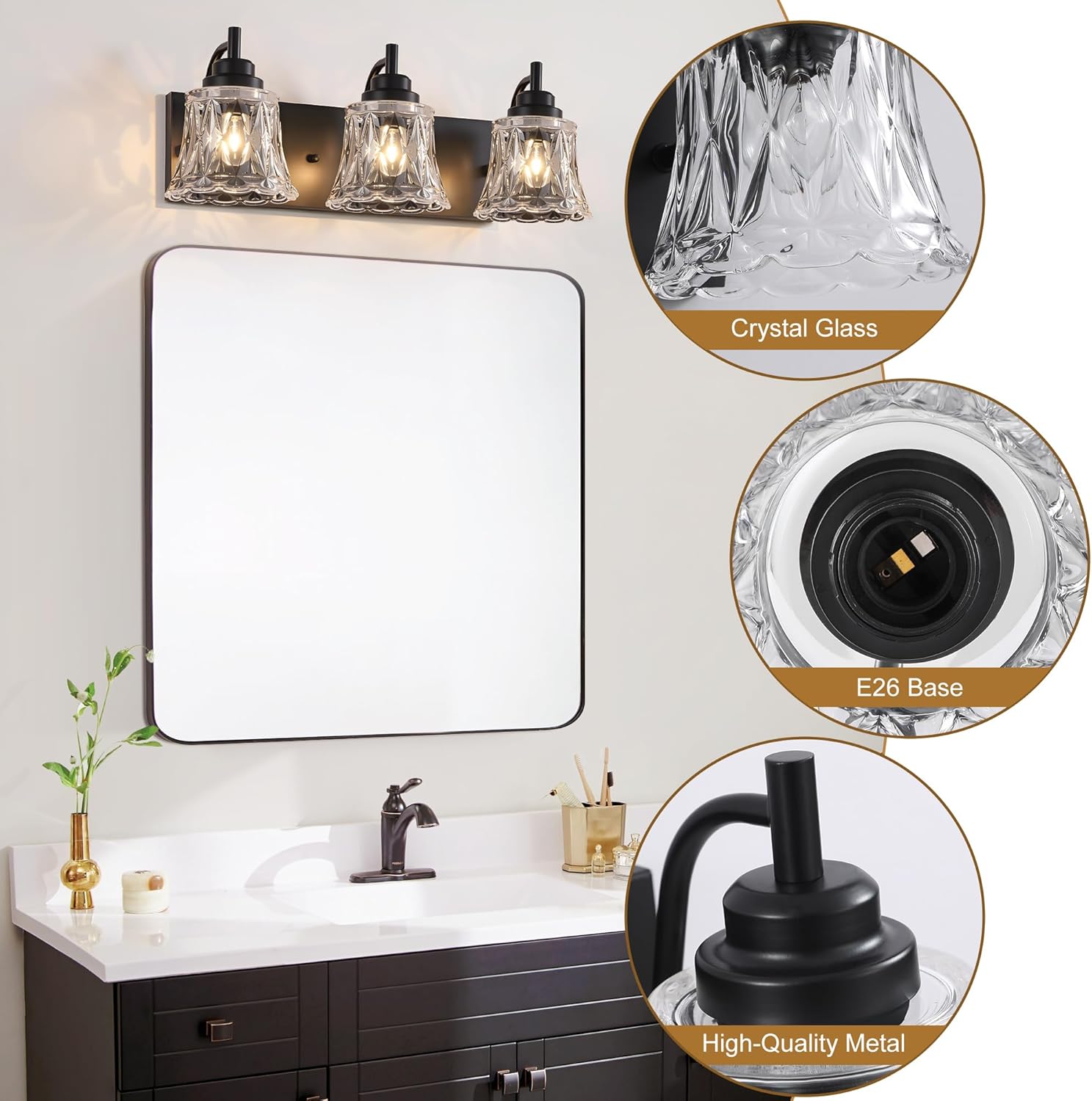 Bathroom Light Fixtures, 3 Lights Black Vanity Lights for Bathroom, Matte Black Antique Finish with Crystal Glass Shade, Farmhouse Lighting Fixtures Over Mirror for Bedroom, Living Room