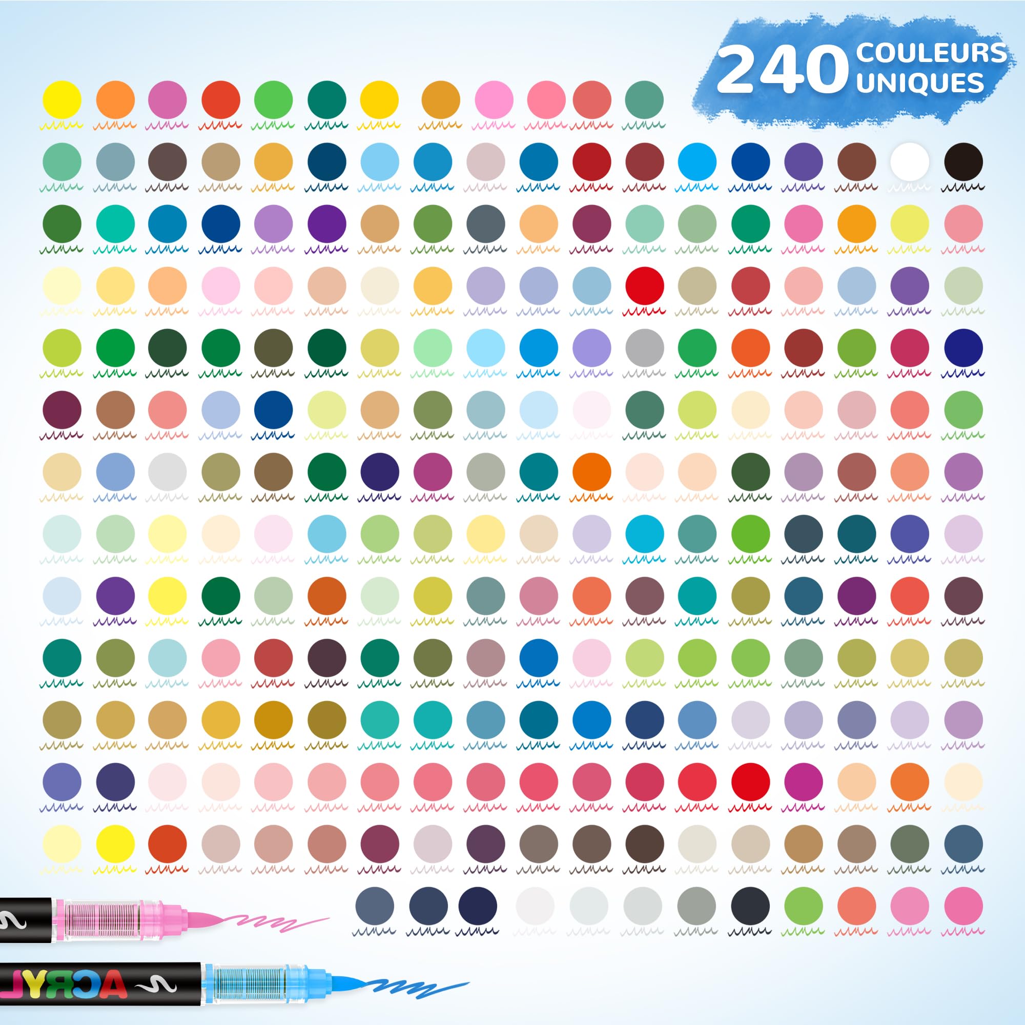 JRQ Set de 240 Couleurs Feutre Acrylique à Pointe Pinceau Multi-surfaces