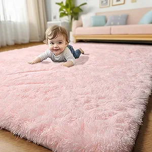 Pink Washable Area Rugs 3x5 for Bedroom Girls, Fluffy Plush Bedside Rug for Preppy Dorm, Kids Room Decor Aesthetic, Cute Indoor Floor Carpet, Fuzzy Shaggy Throw Rug for Living Room, Baby Nursery