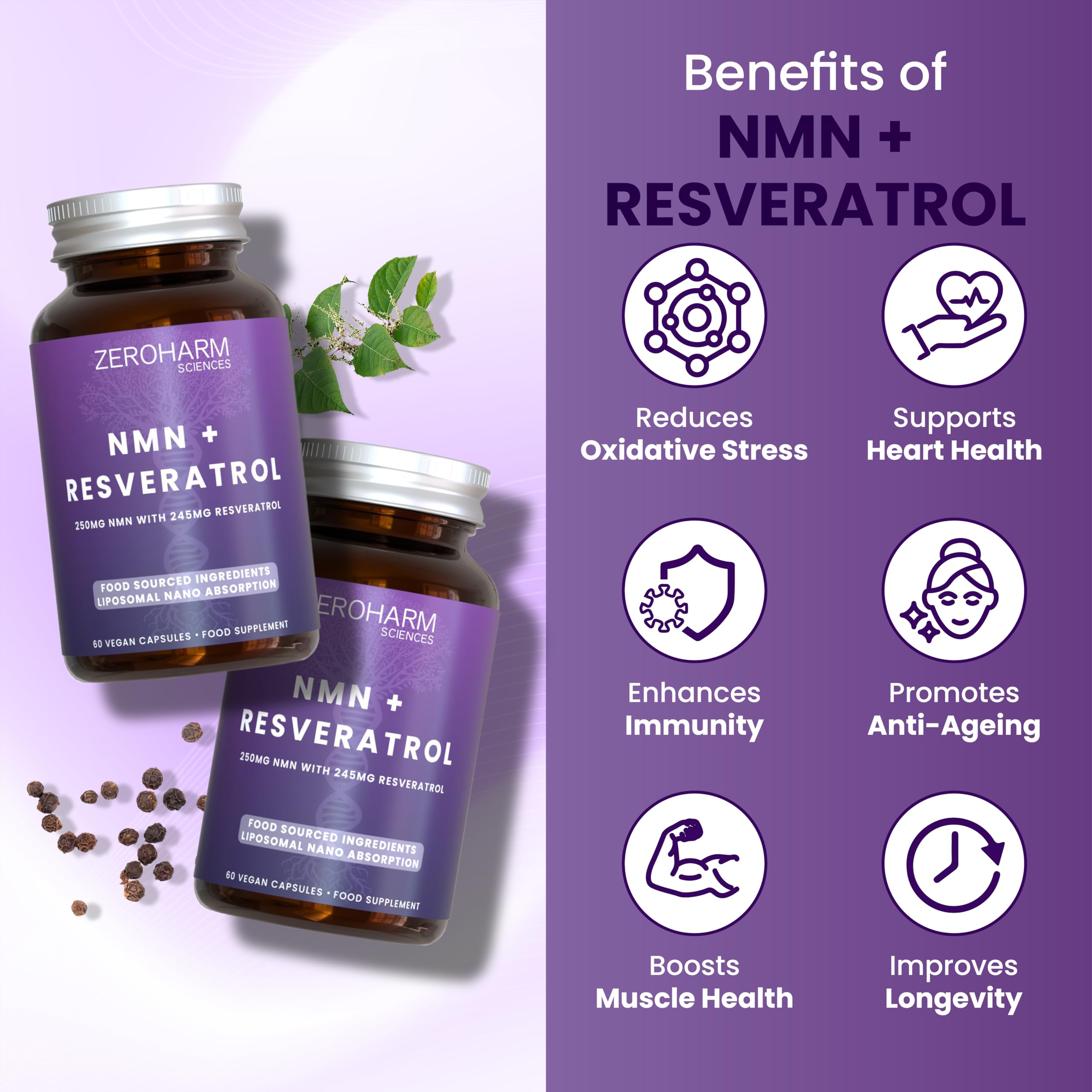 ZEROHARM NMN con resveratrolo – Assorbimento liposomiale – Alimentato da ingredienti alimentari veri – Confezione da 60 (confezione da 1)