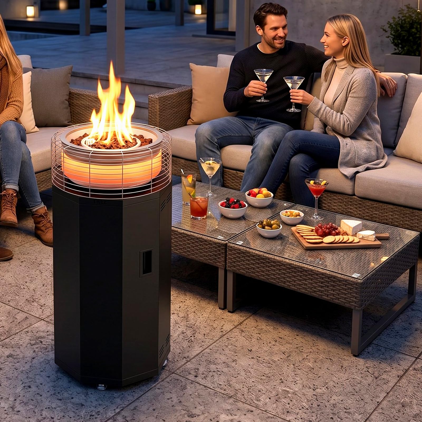 SUNYRISY Rauchfreie Outdoor Heizstrahler Gas Feuerschale Tragbarer Terrassenheizer, 16 kW Dual-Brenner 3-in-1 Außenheizung Propan Feuertonne Feuersstelle für Garten, Camping, Druck-Zündung