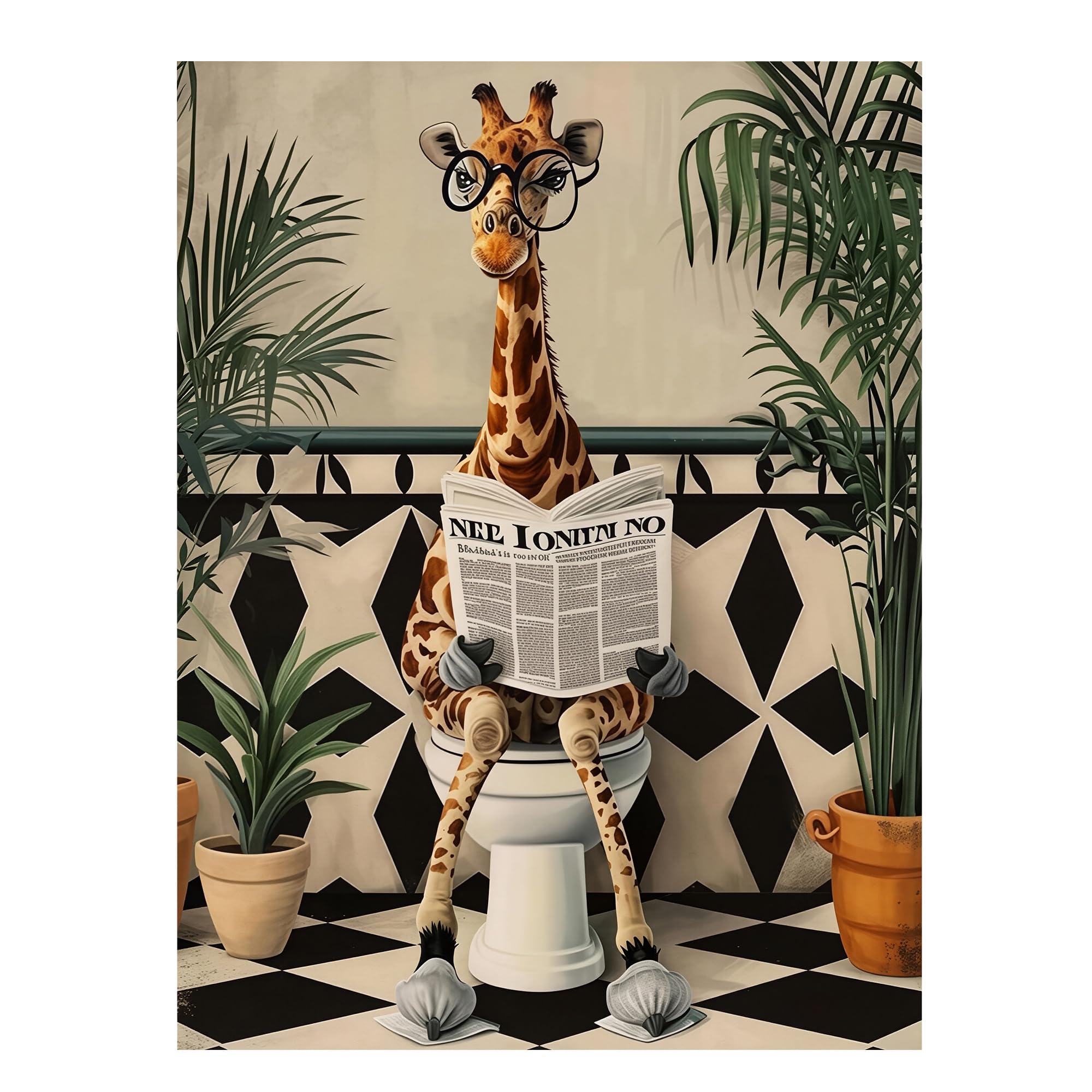 VBVOO Funny Toilet Wall Art – Giraffe Reading Newspaper Bathroom Canvas Wall Art – Whimsical Animal Toilet Pictures Decor – Unframed Poster for Bathroom or Toilet Walls Decor