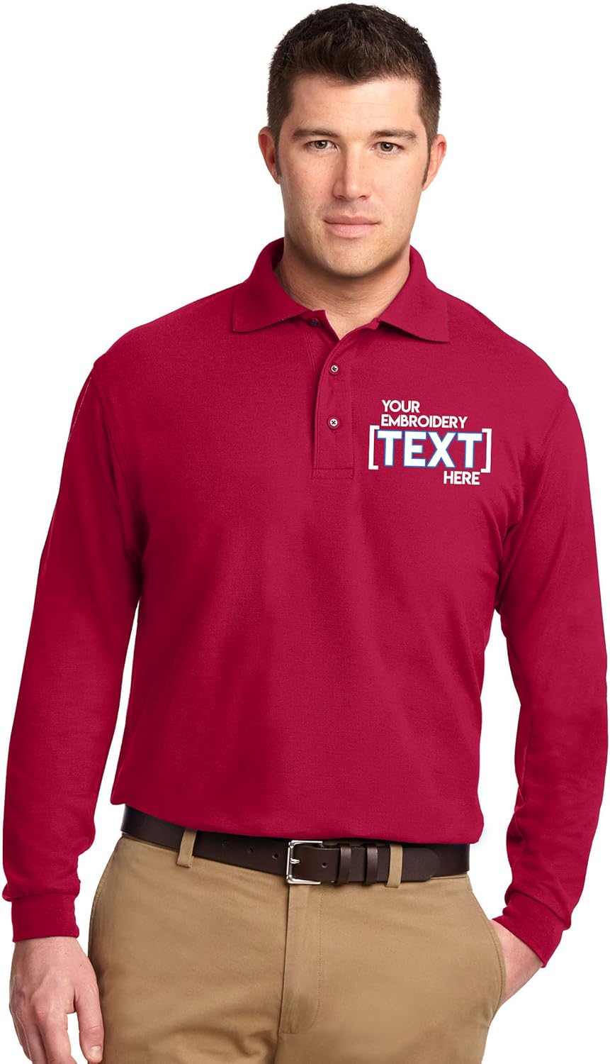 Custom Embroidered Mens Long Sleeve Polo Shirts - Personalized Embroidery Polo Tees