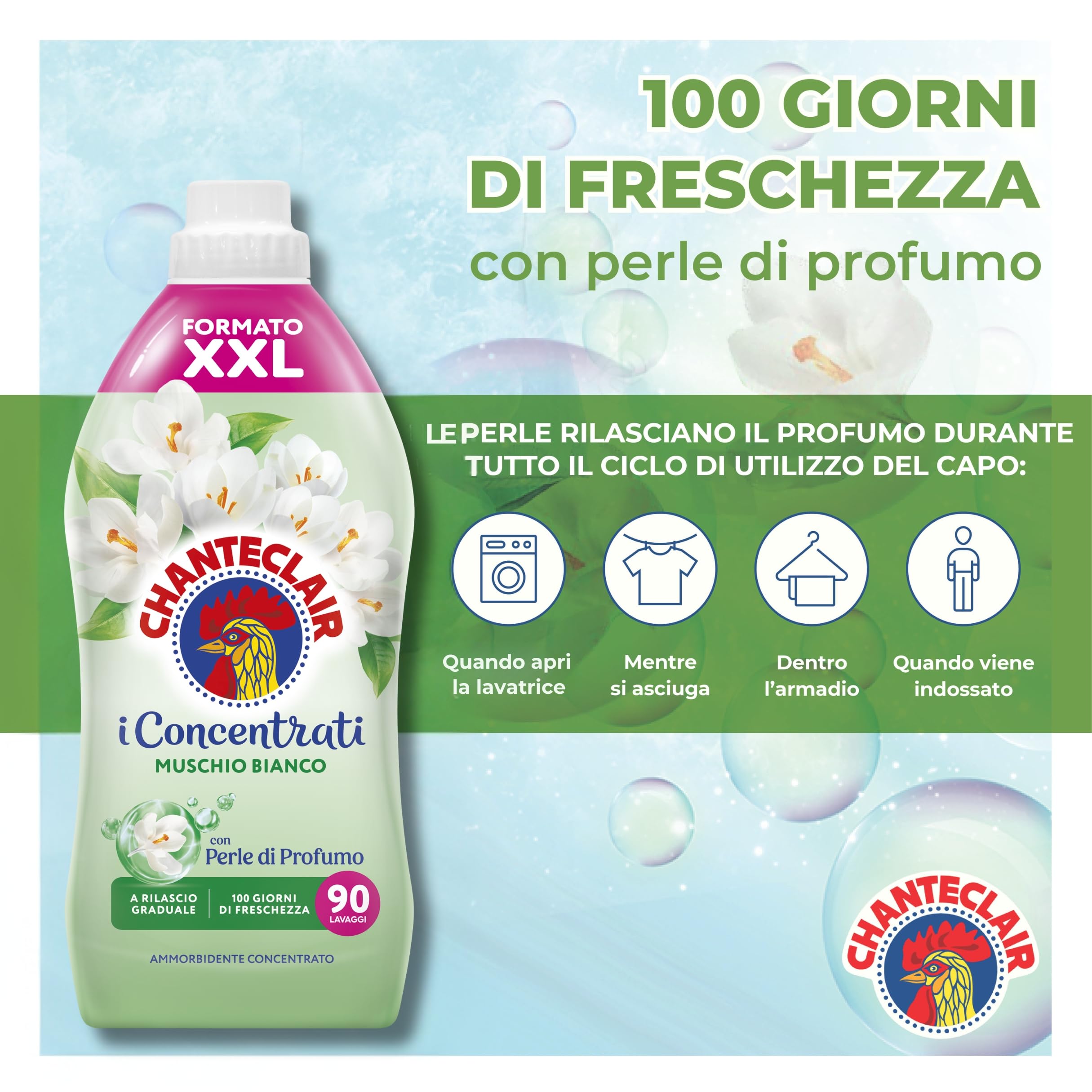 Chanteclair - Ammorbidente "I Concentrati", Muschio Bianco, Protegge la morbidezza del bucato, Profumo Intenso e Persistente sui Capi - 8 flaconi da 1800 ml, 90 dosi