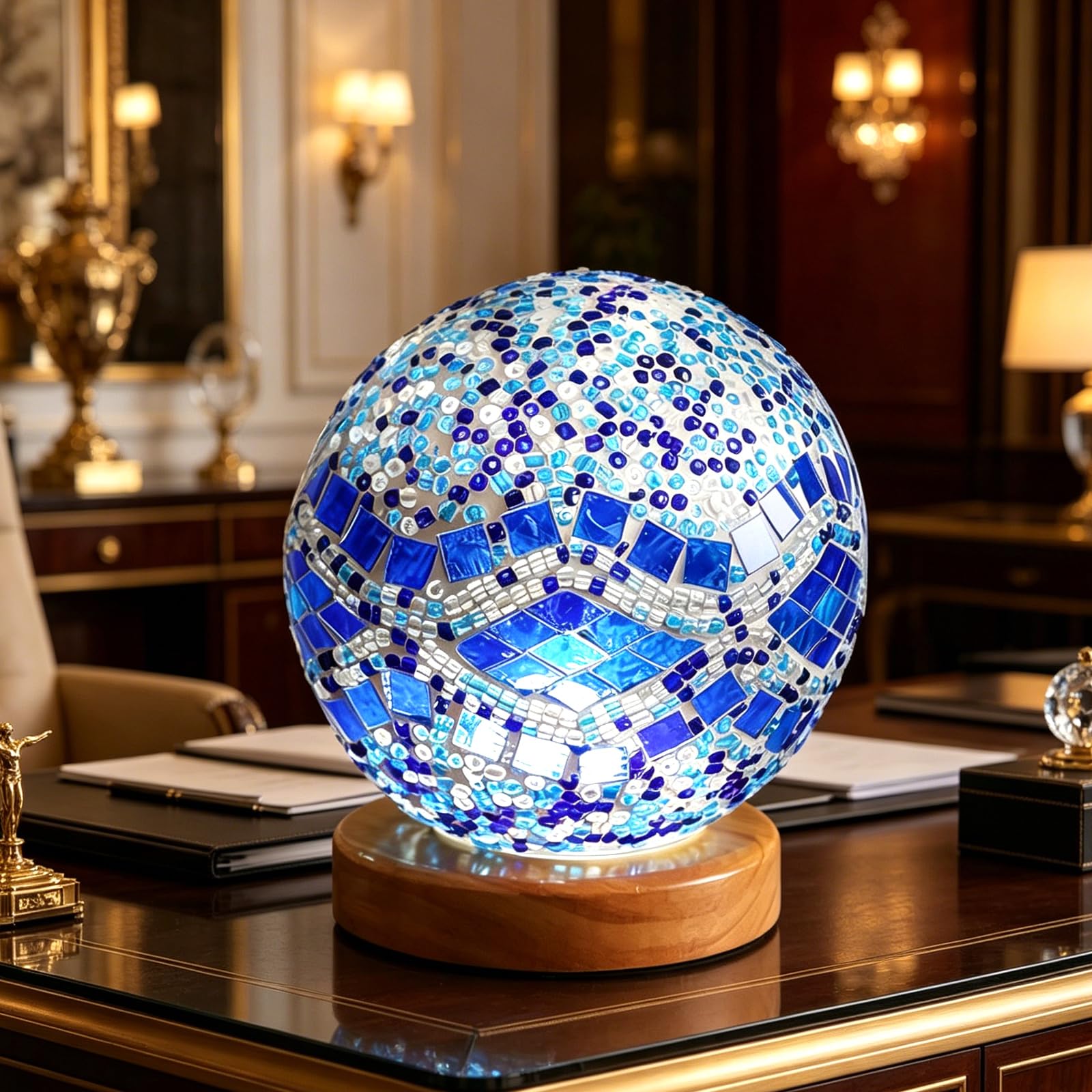 Baroque Blue Mosaic Lamp Vintage Retro Stained Turkish Moroccan Bohemian Bedside Colorful Handmade Glass with Wood Base USB Power Decor Light for Restaurant Hotel Club Decoration(Baroque B - Blue)