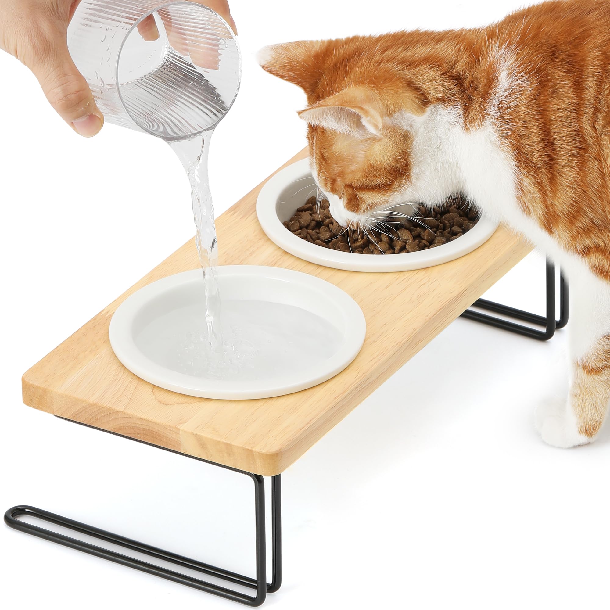 FUKUMARU Elevated Cat Ceramic Bowls, Small Dog Raised Food Feeding Dishes, Solid Wood Water Stand Feeder Set for Cats and Puppy